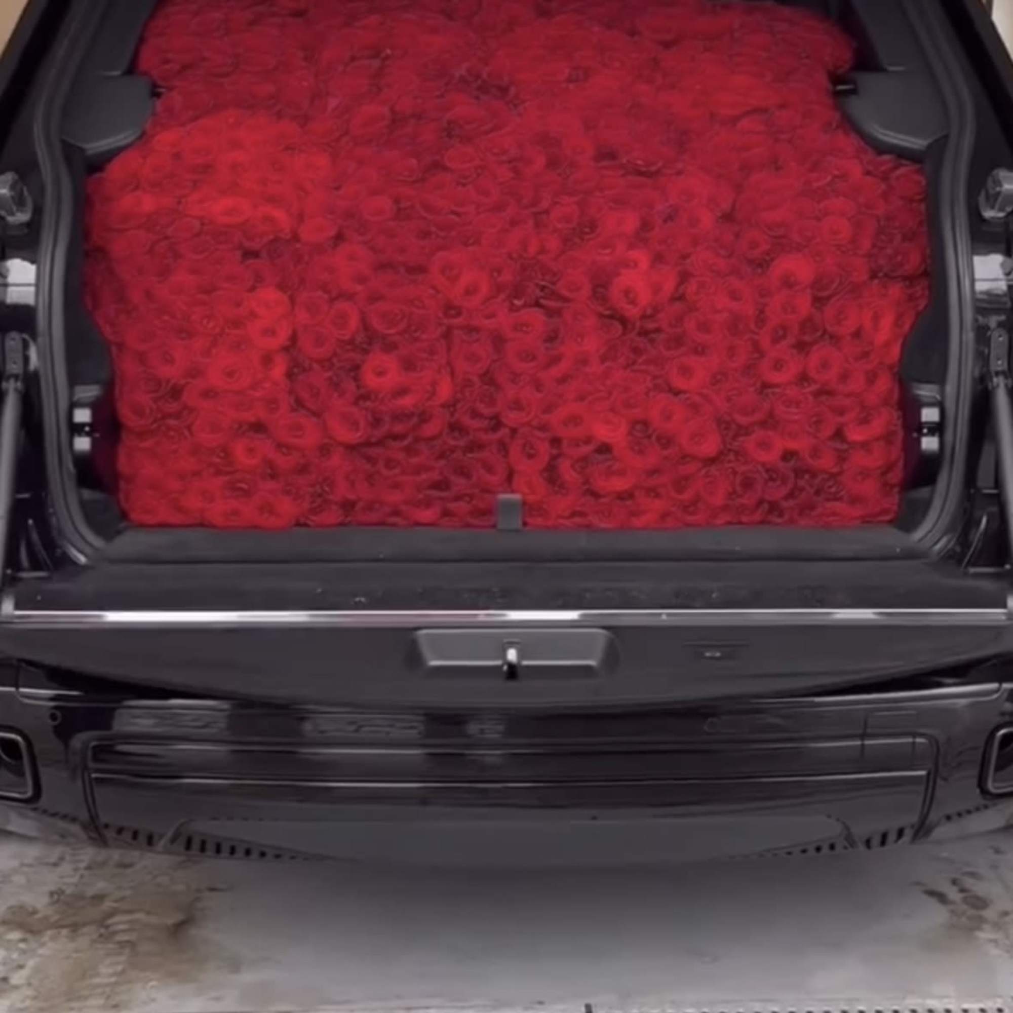 SUV trunk filled with red roses