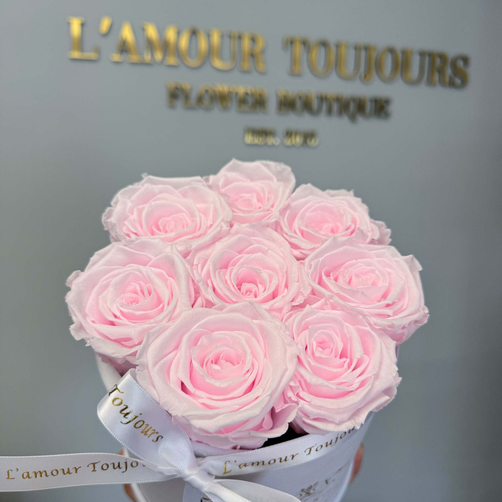 Mini white velvet box with 8 Everlasting roses. Everlasting roses are real
