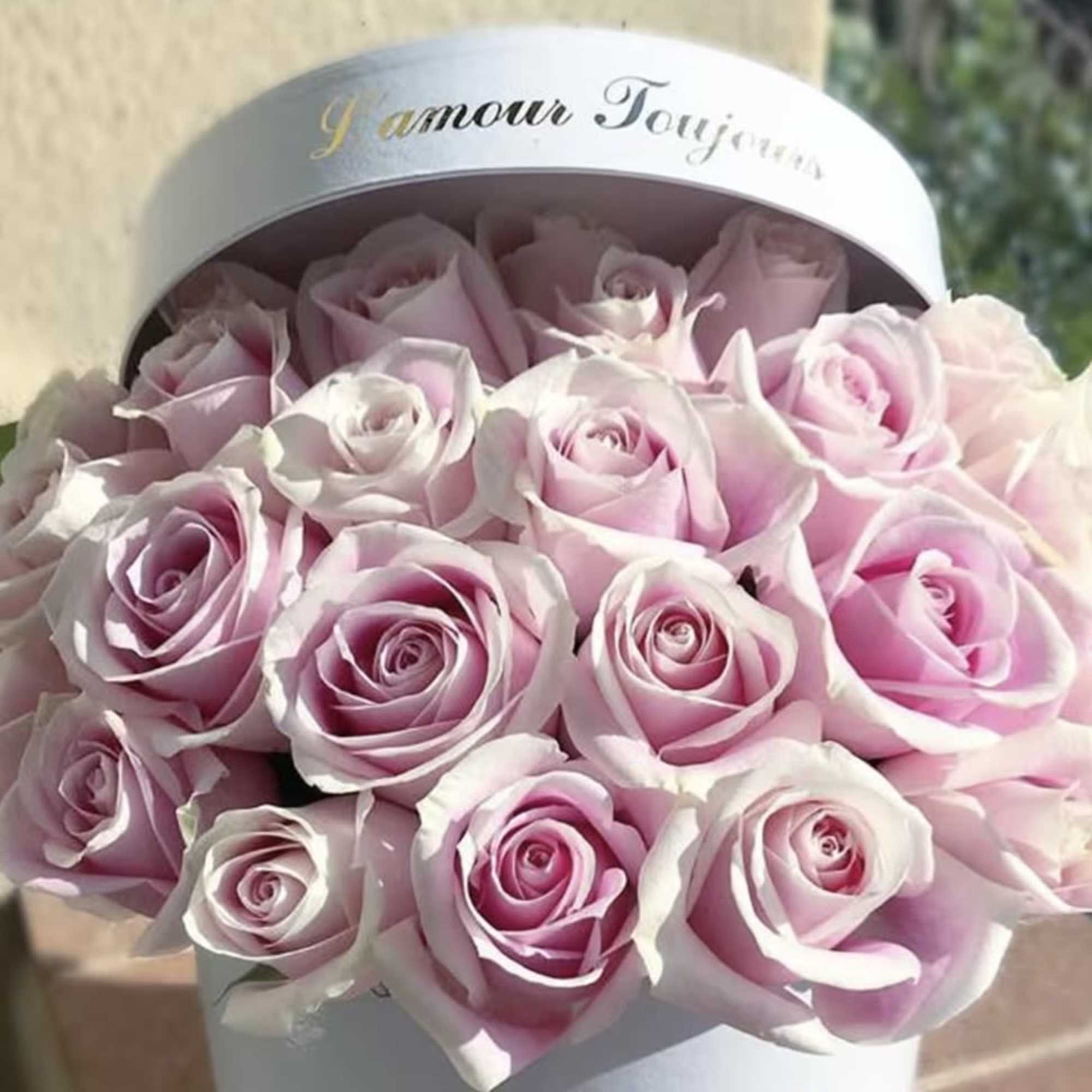 Round box filled with tightly clustered pale pink roses with script text on the lid edge.