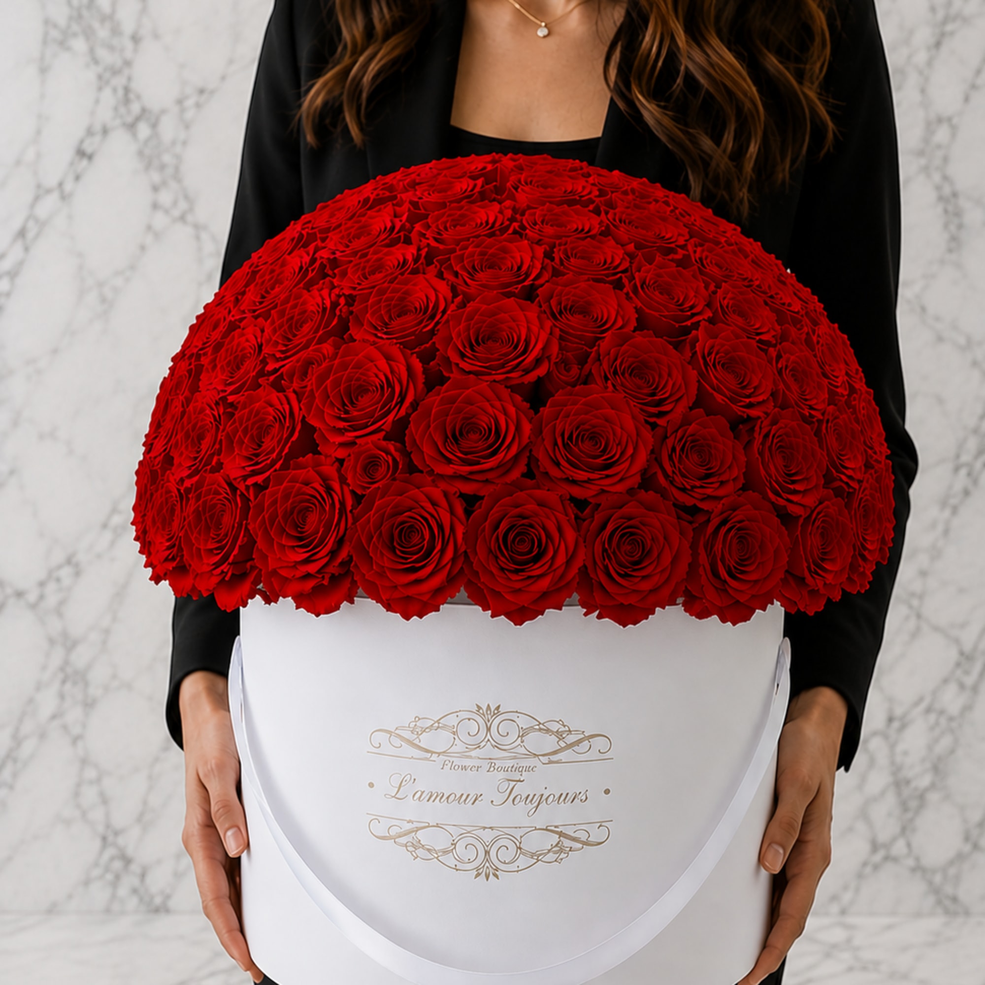 Large dome of red roses in a white hatbox