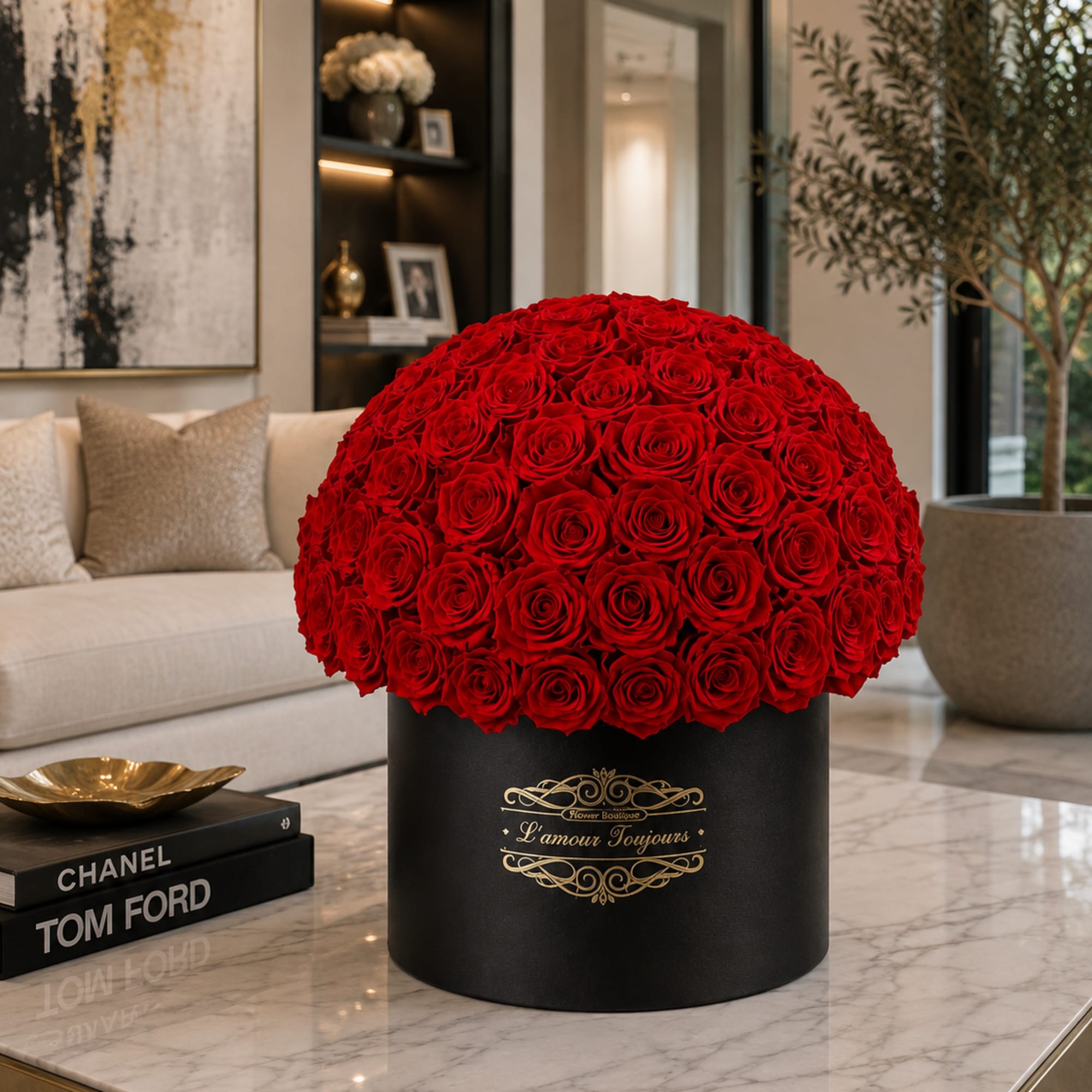 Large dome of red roses in a black hat box on a table