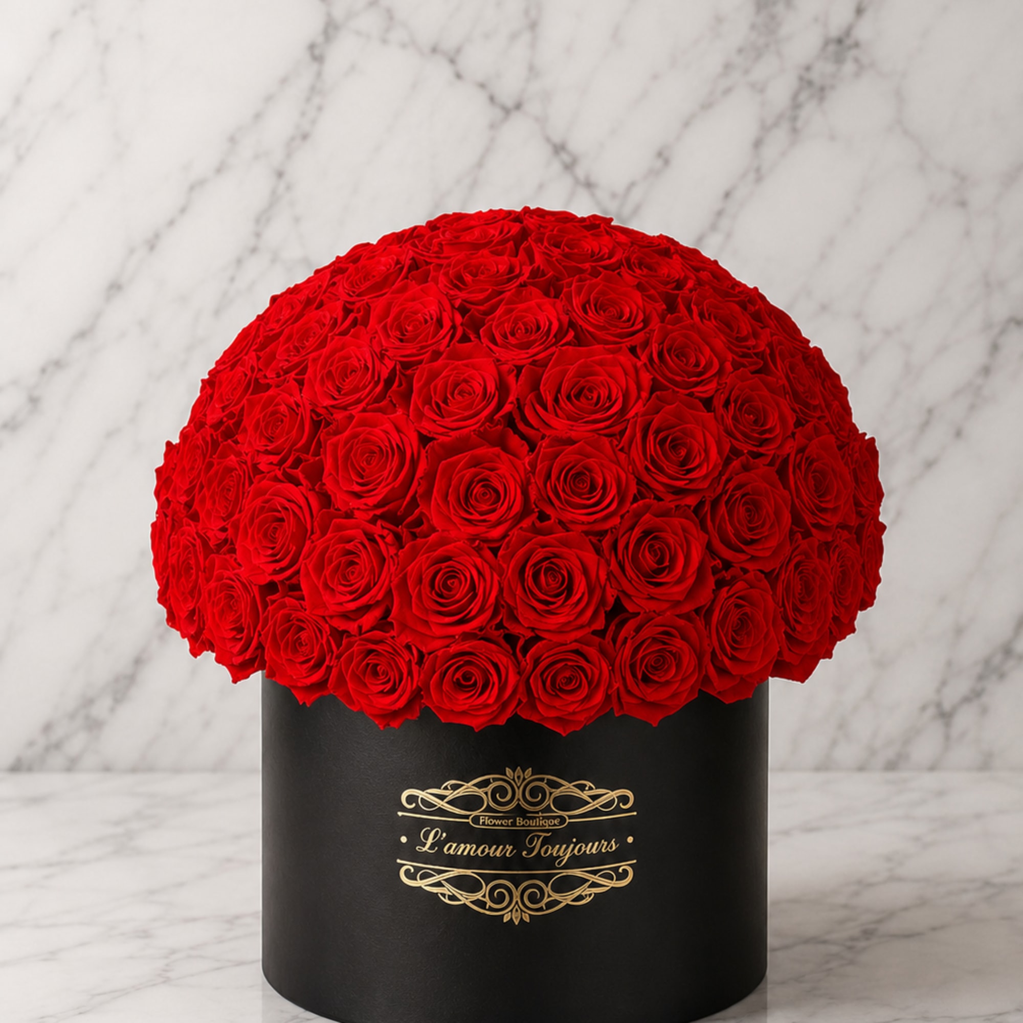 Round arrangement of red roses in a black hat box