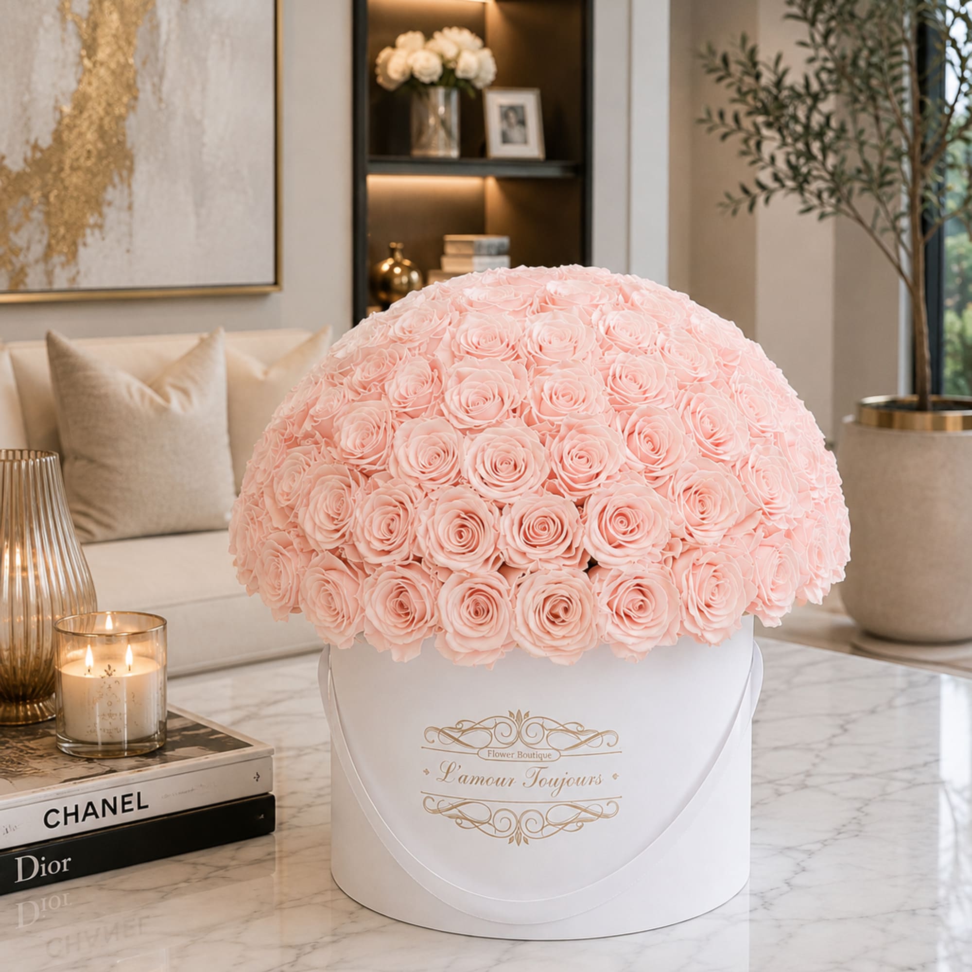 Round bouquet of pale pink roses in a white hat box, photo 2 of 3