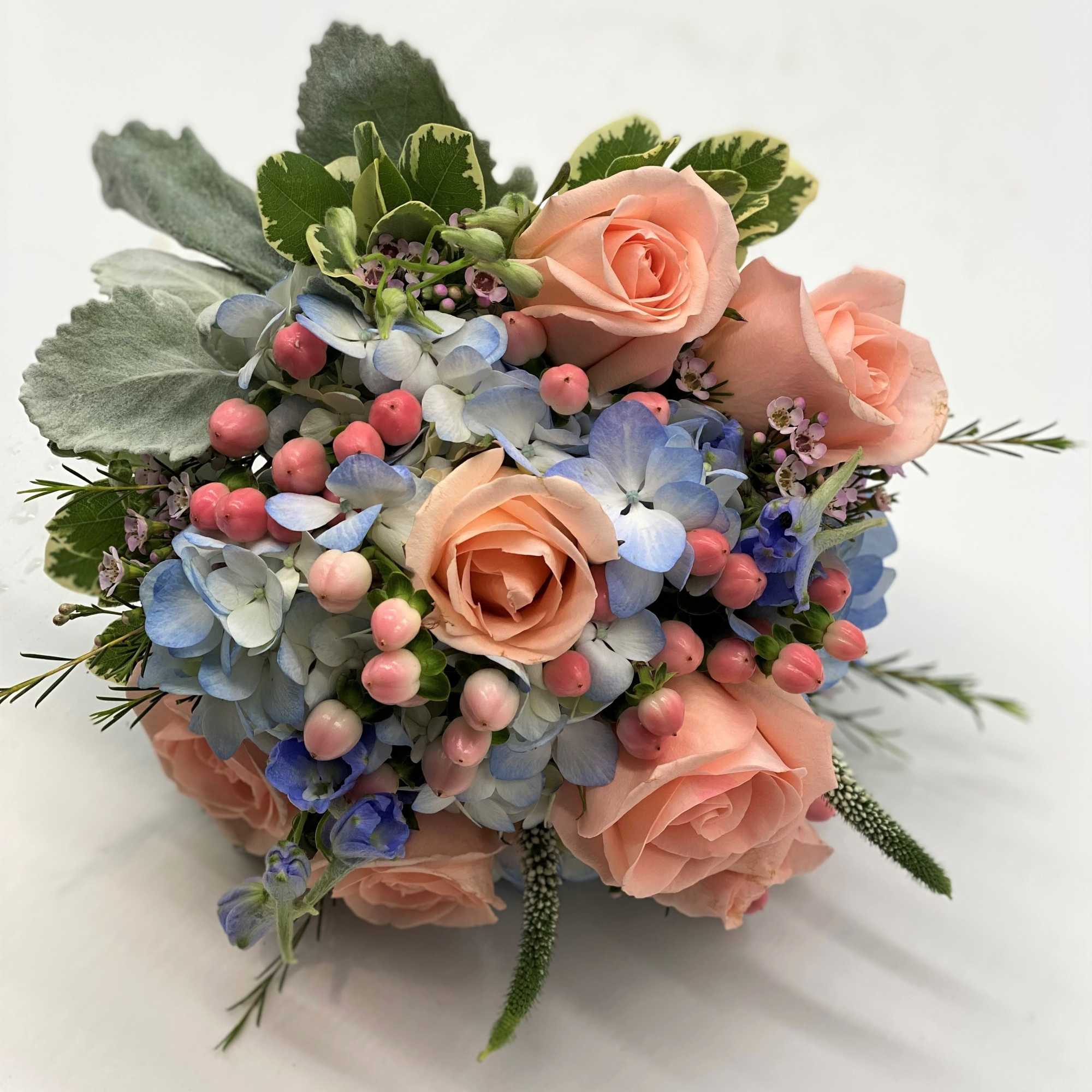 A gorgeous combination of blues and corals makes this bouquet stand out!!, photo 3 of 3