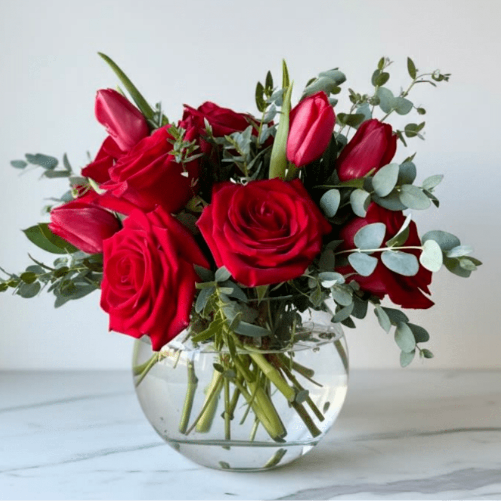 Red Roses and Tulips in a Modern Glass Vase, photo 2 of 2