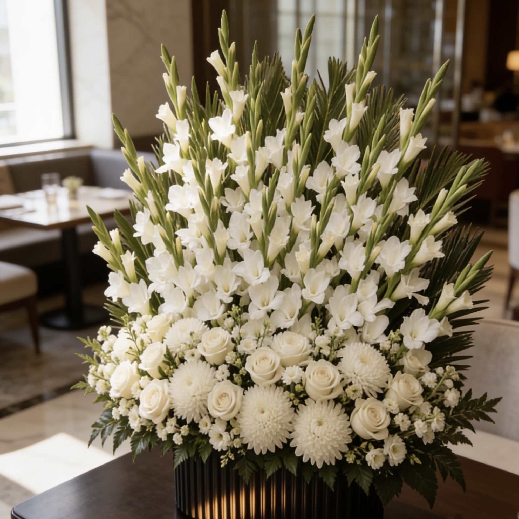 Tall white gladiolus rise in graceful spikes above a layered bed of, photo 2 of 2