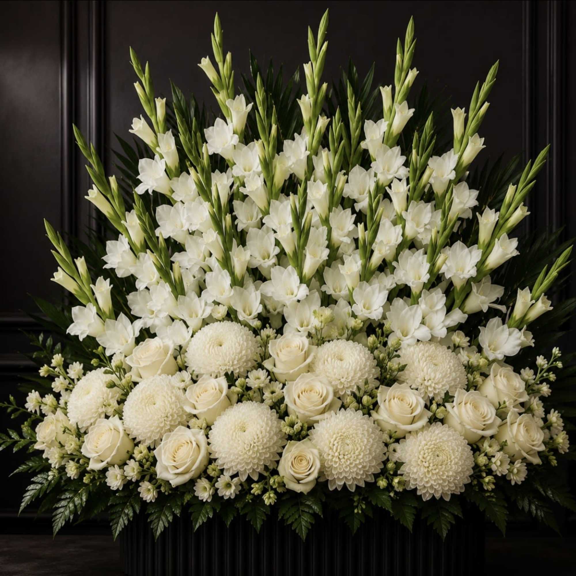 Tall white gladiolus rise in graceful spikes above a layered bed of