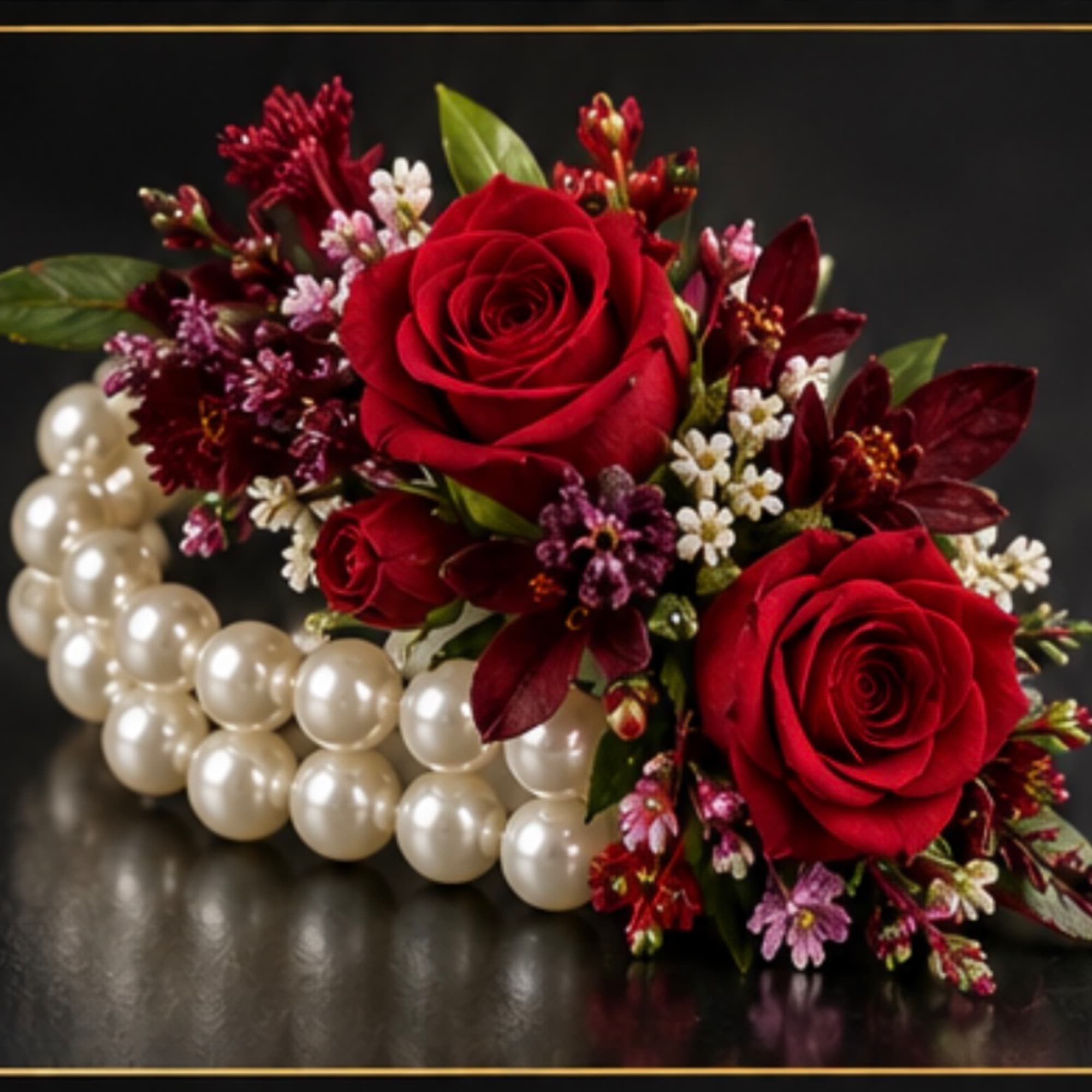 Red roses with small accent flowers arranged on a pearl bracelet base
