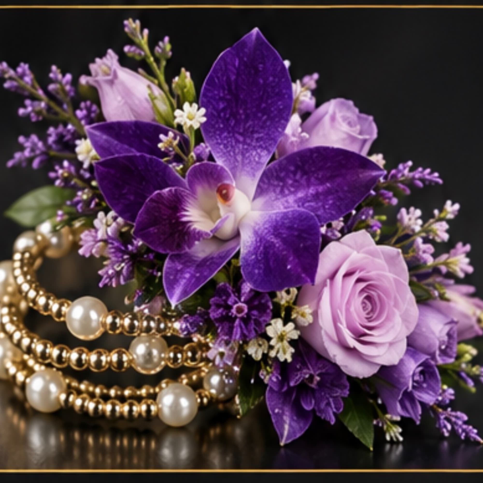 Purple orchid and roses with pearl bead strands