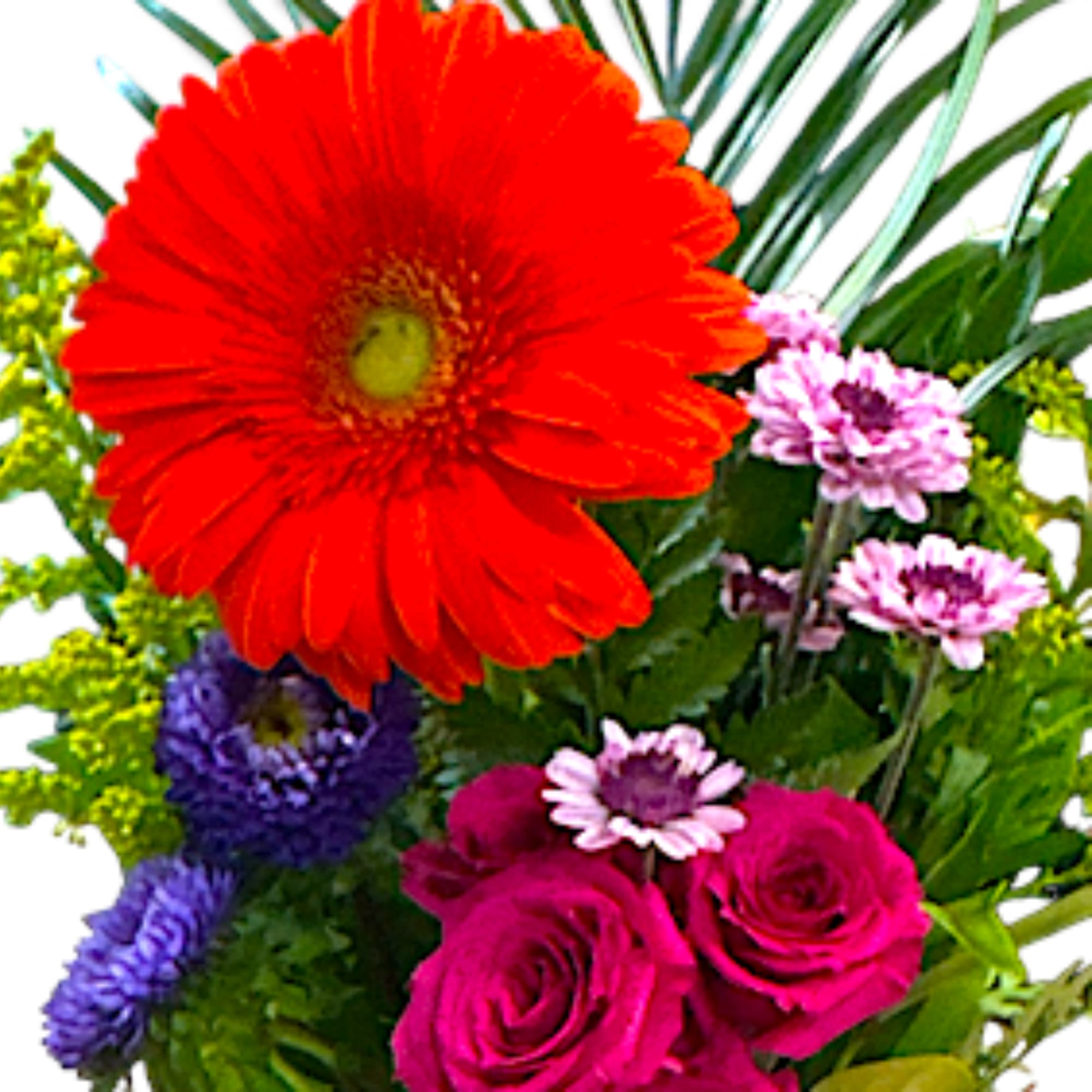 Bright mixed bouquet with a large red gerbera, pink roses, and purple flowers
