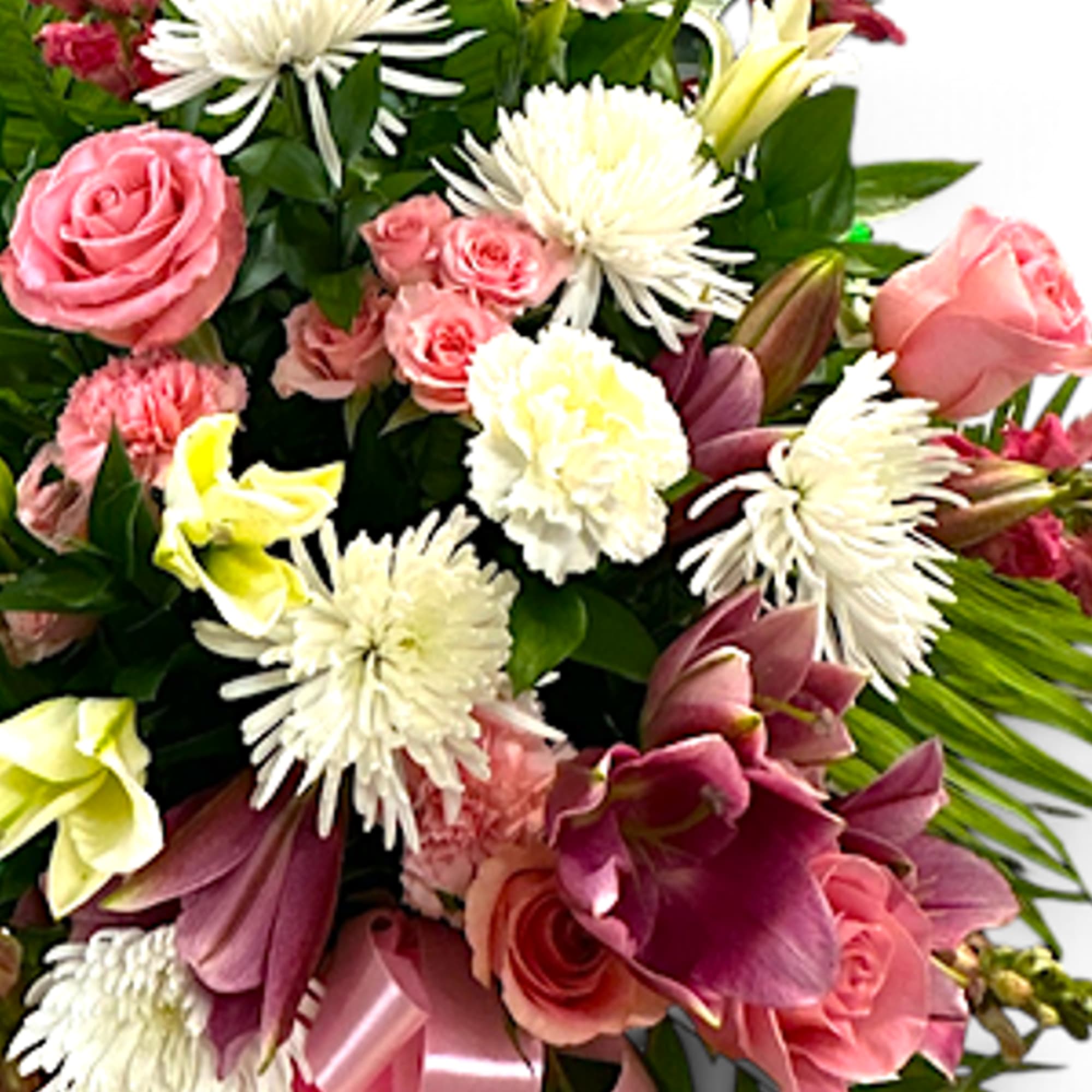 Mixed bouquet with pink roses, white spider mums, and lilies