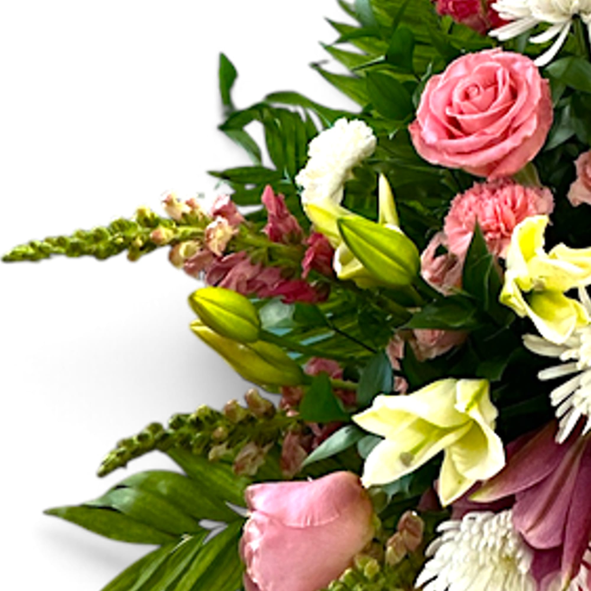 Mixed bouquet with pink roses, lilies, and white daisies