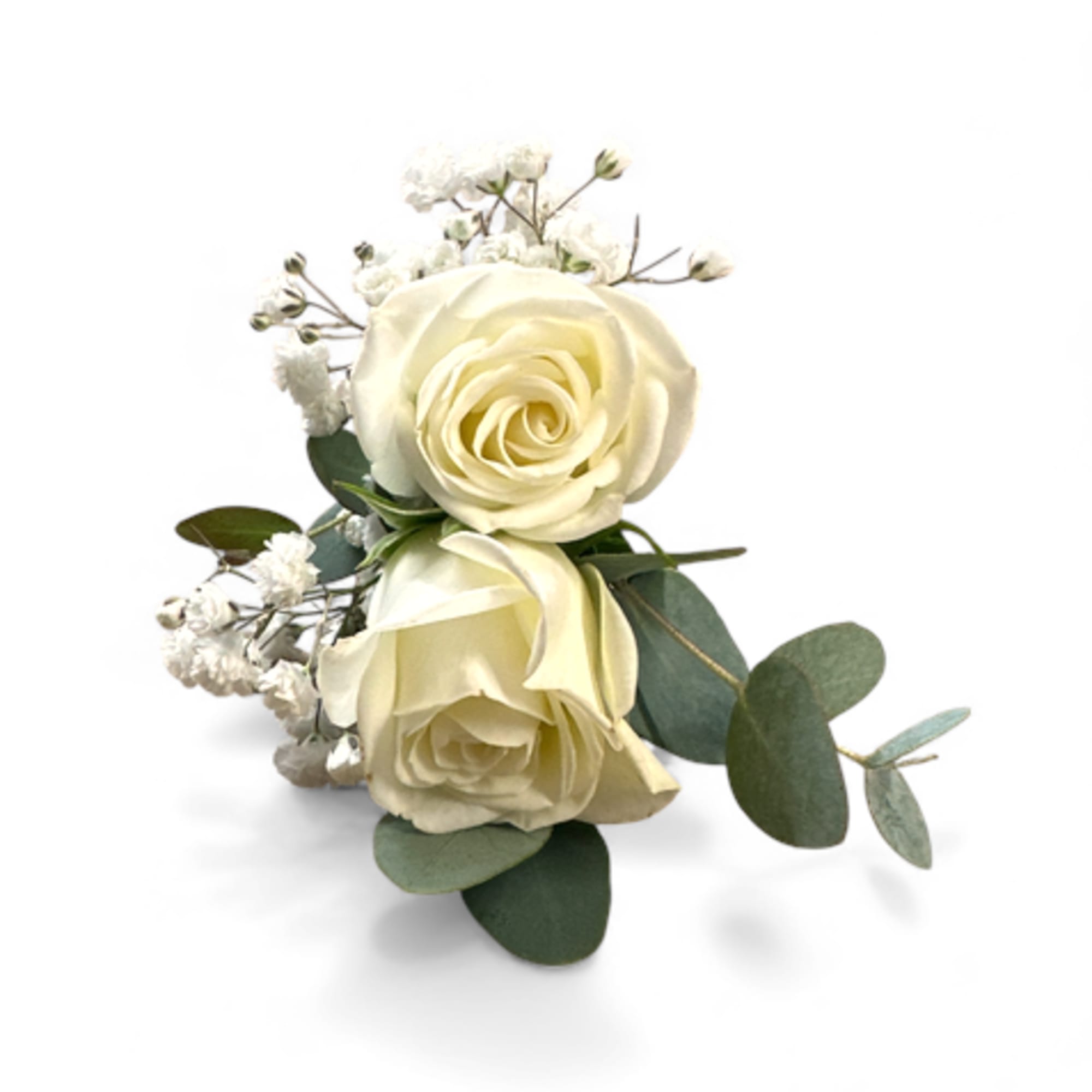 Cream rose boutonniere with baby's breath and eucalyptus