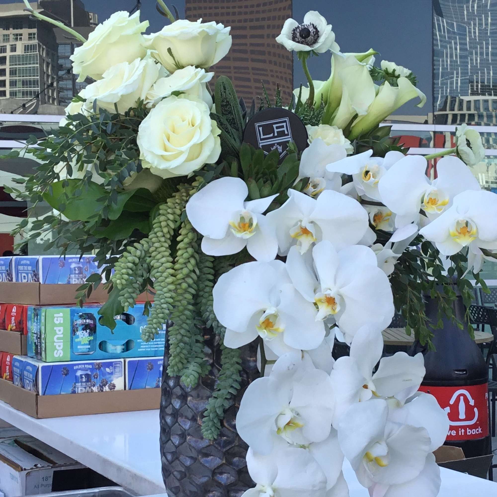 Imaginative and creative arrangement of succulents, hr
Hydrangea, roses, calas, plants etc...