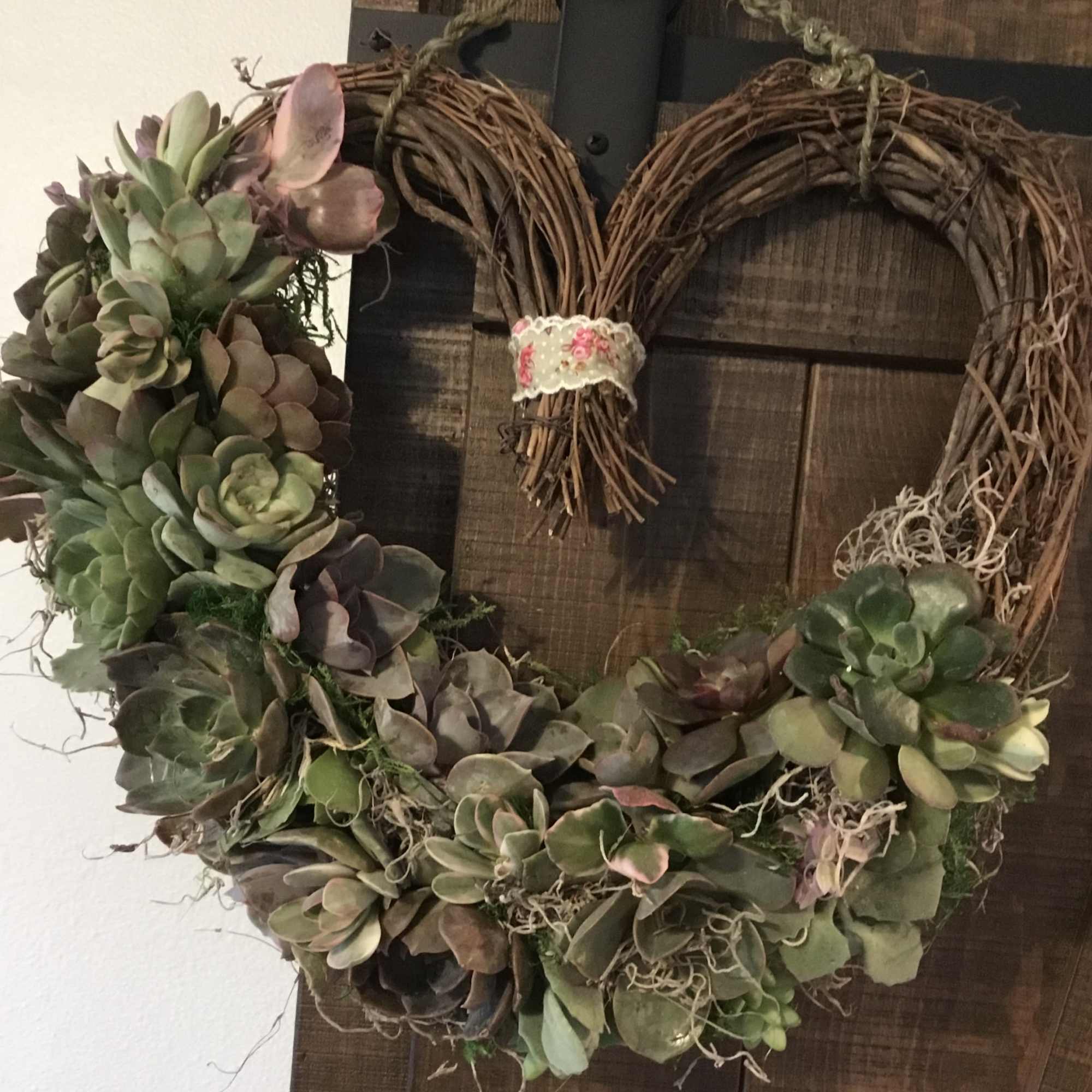 Succulent wreath on a grapevine heart frame