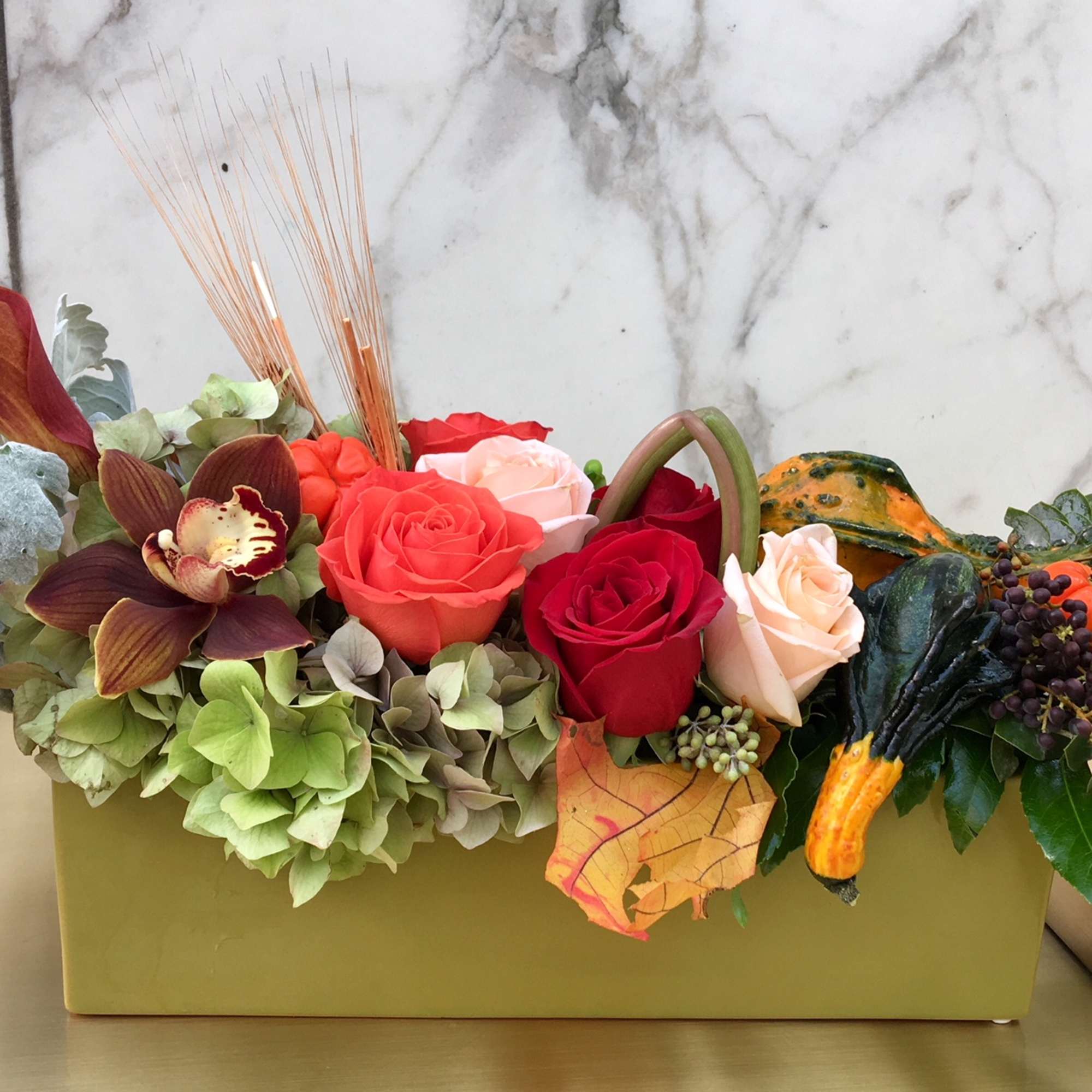 Majestic arrangement, filled with bright orange, yellow and red flowers., photo 2 of 3