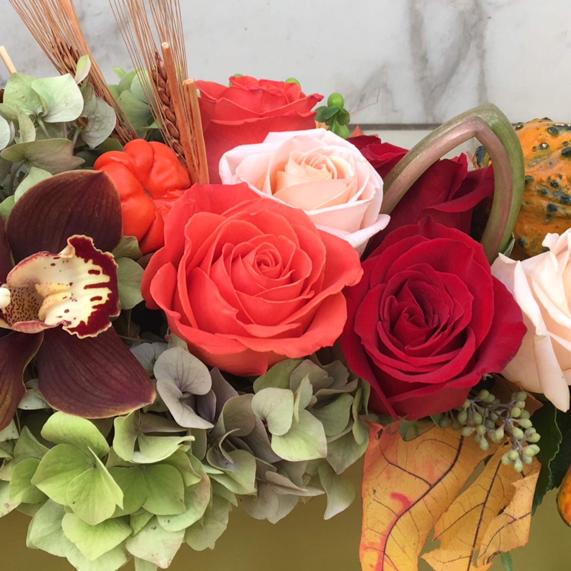 Majestic arrangement, filled with bright orange, yellow and red flowers., photo 3 of 3