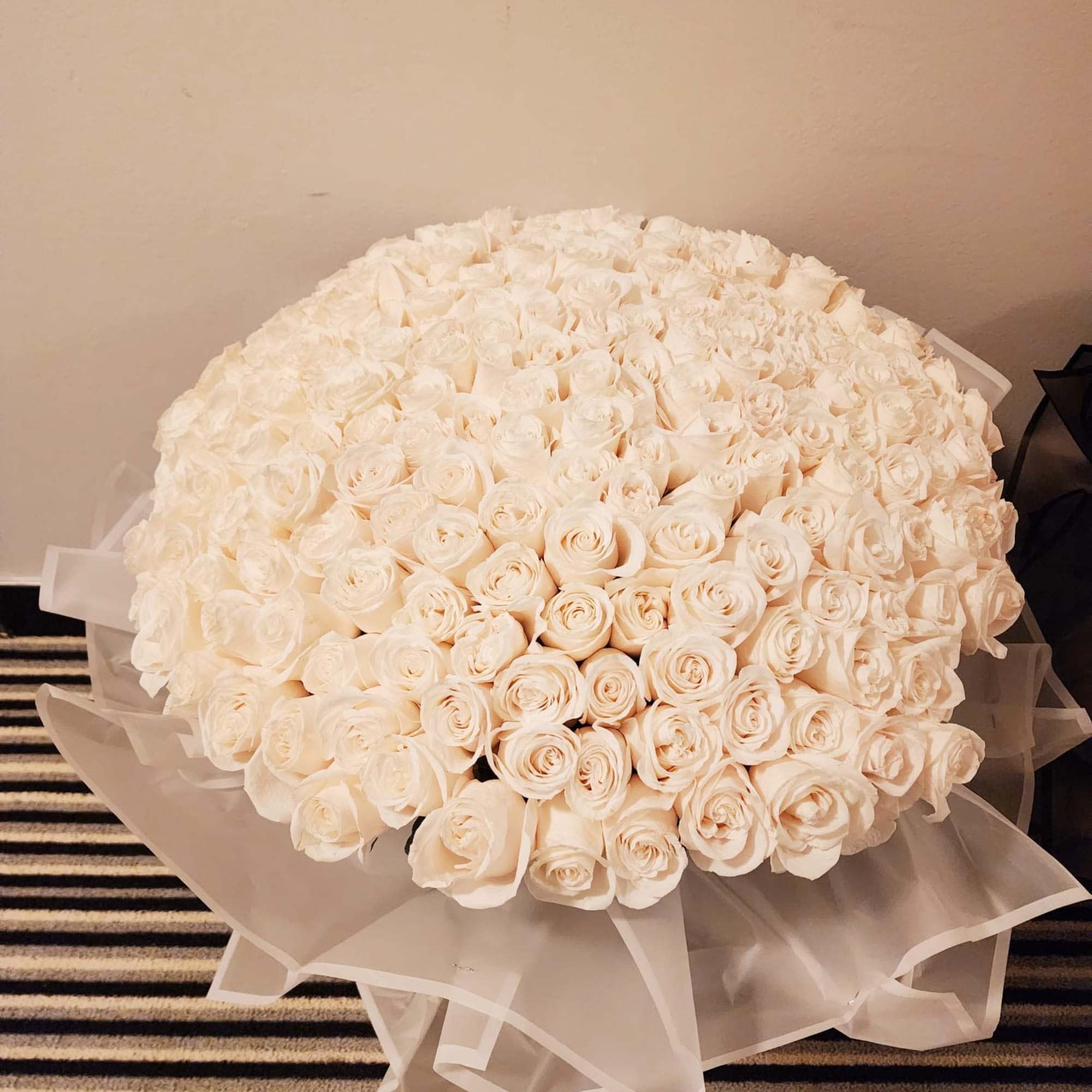 Large bouquet of white roses wrapped in sheer paper