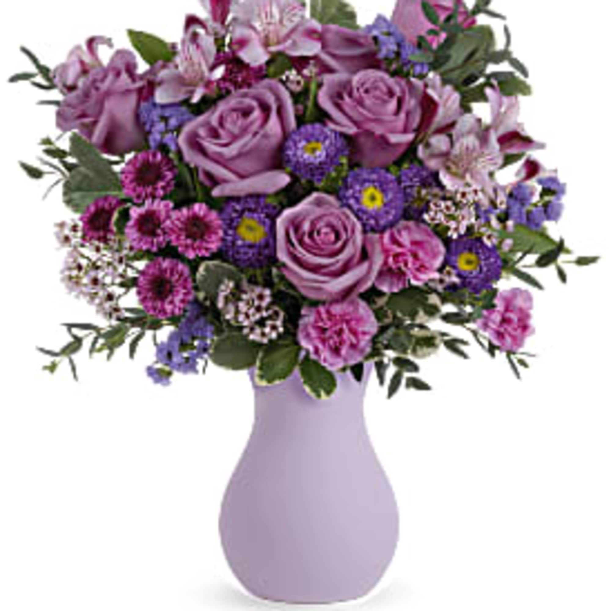 Lavender rose bouquet in a light purple vase