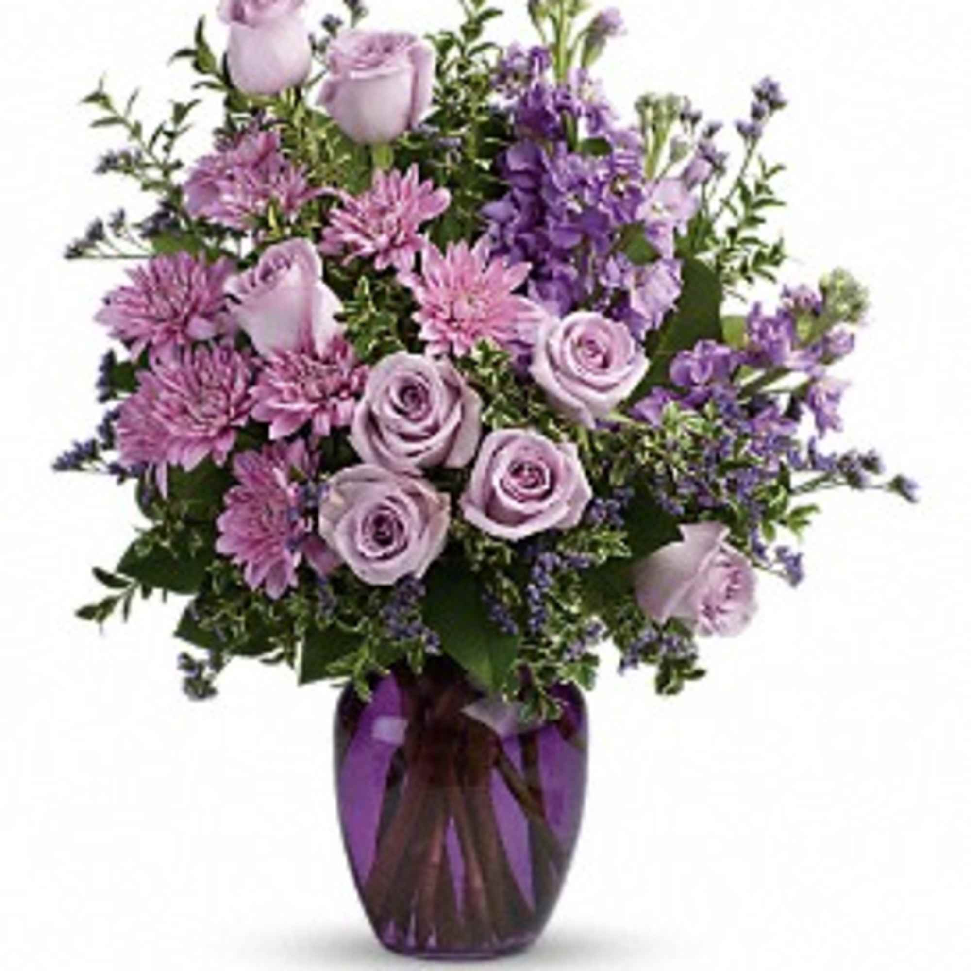 Lavender roses and purple flowers arranged in a vase