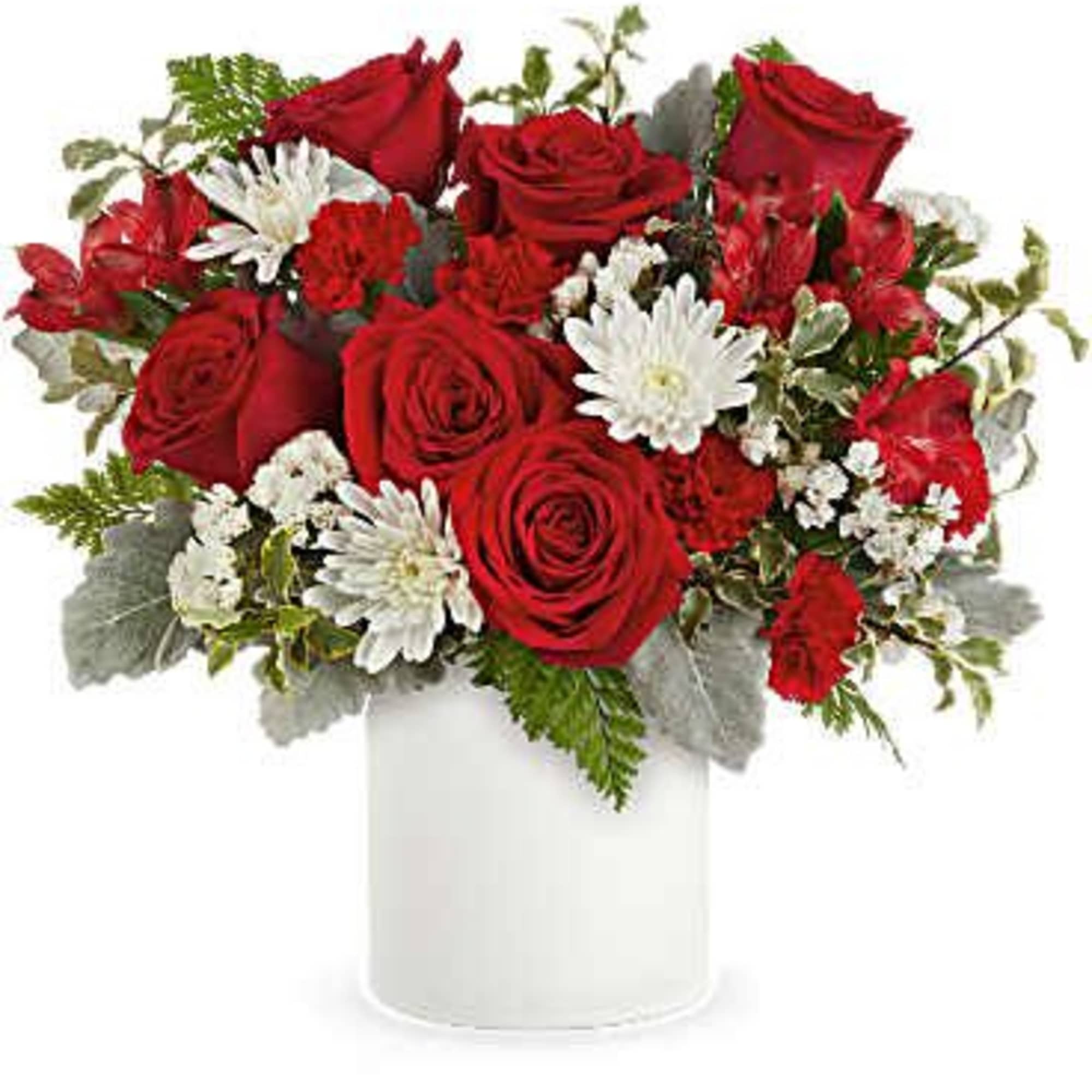 Red roses and white daisies in a white vase