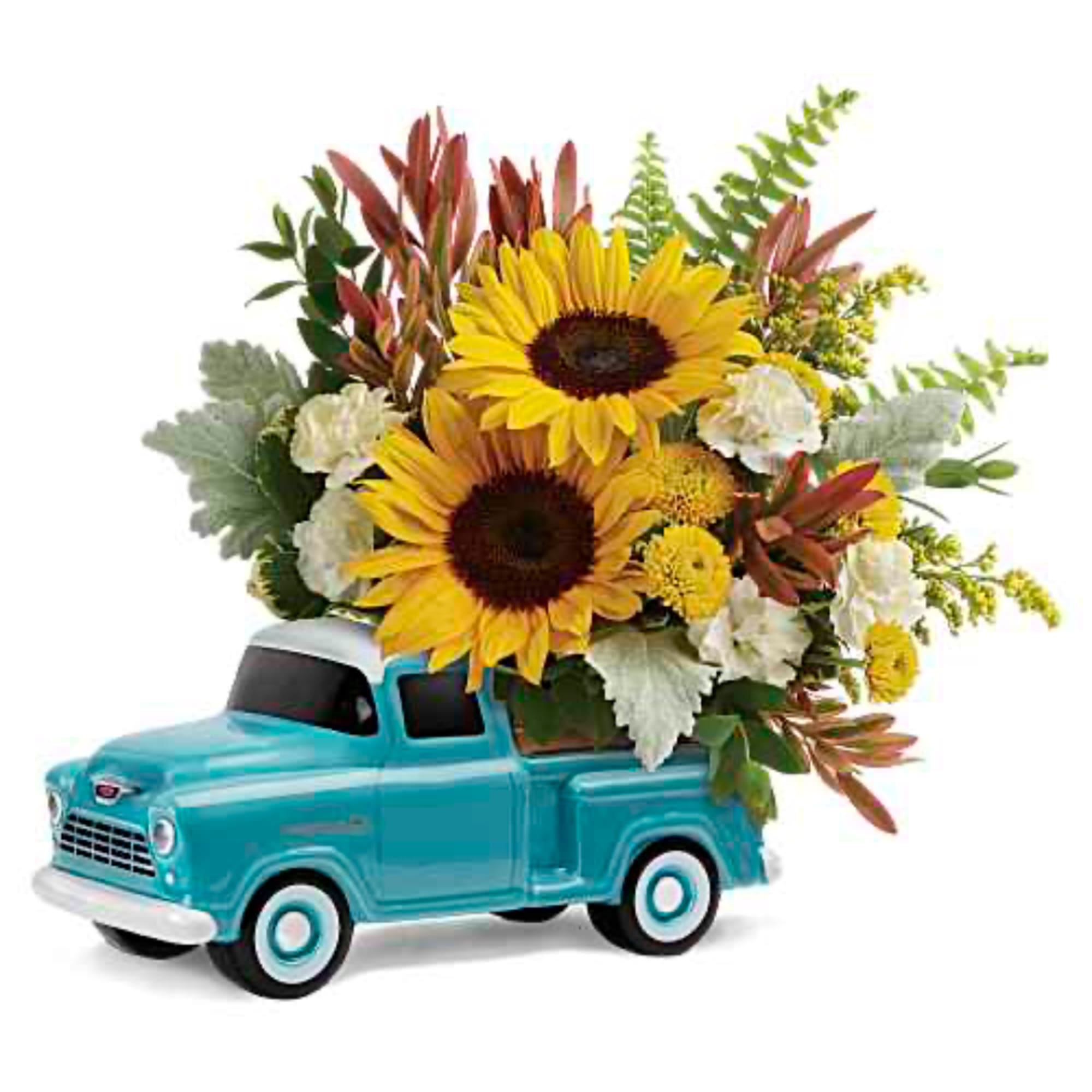 Sunflower arrangement in a turquoise toy pickup truck
