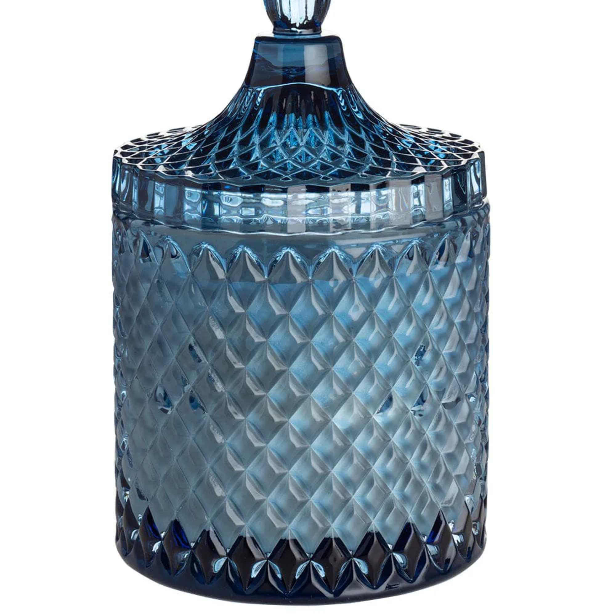 Blue glass jar with a faceted lid and knob