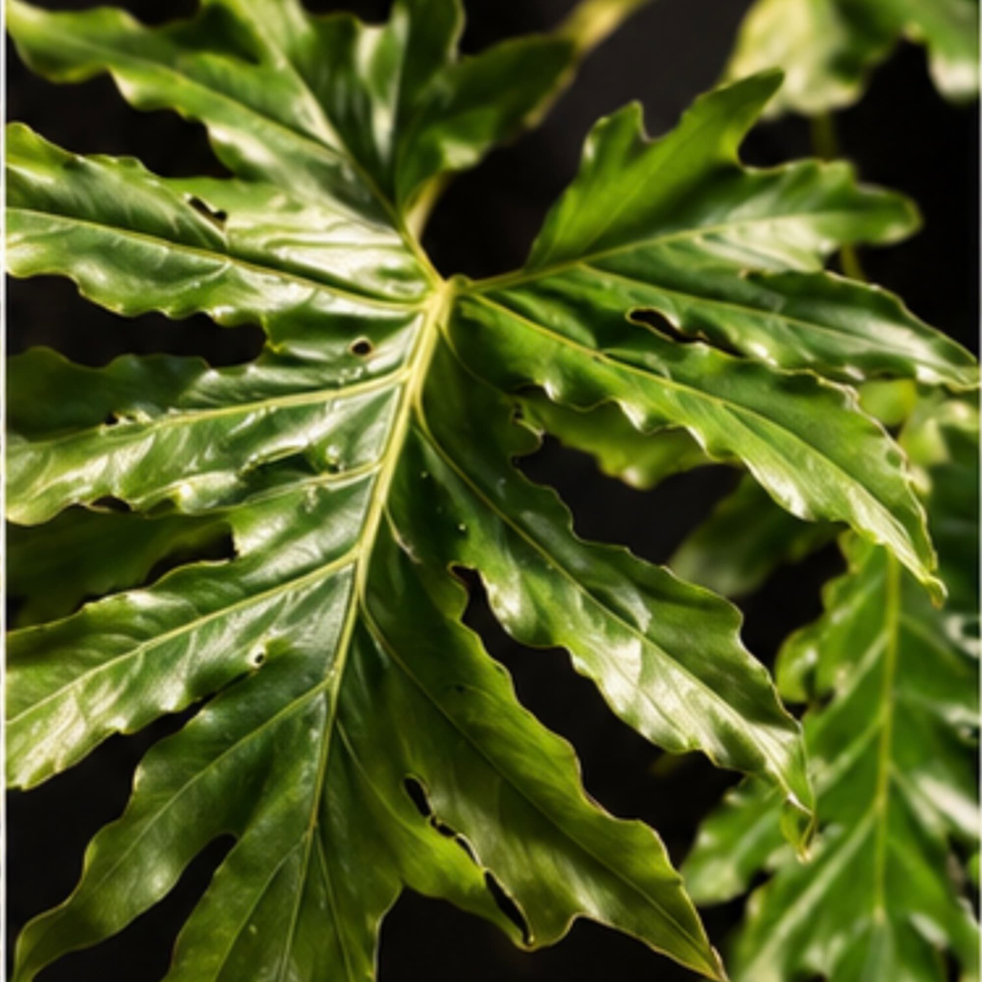 Close-up of glossy green tropical leaves against a dark background