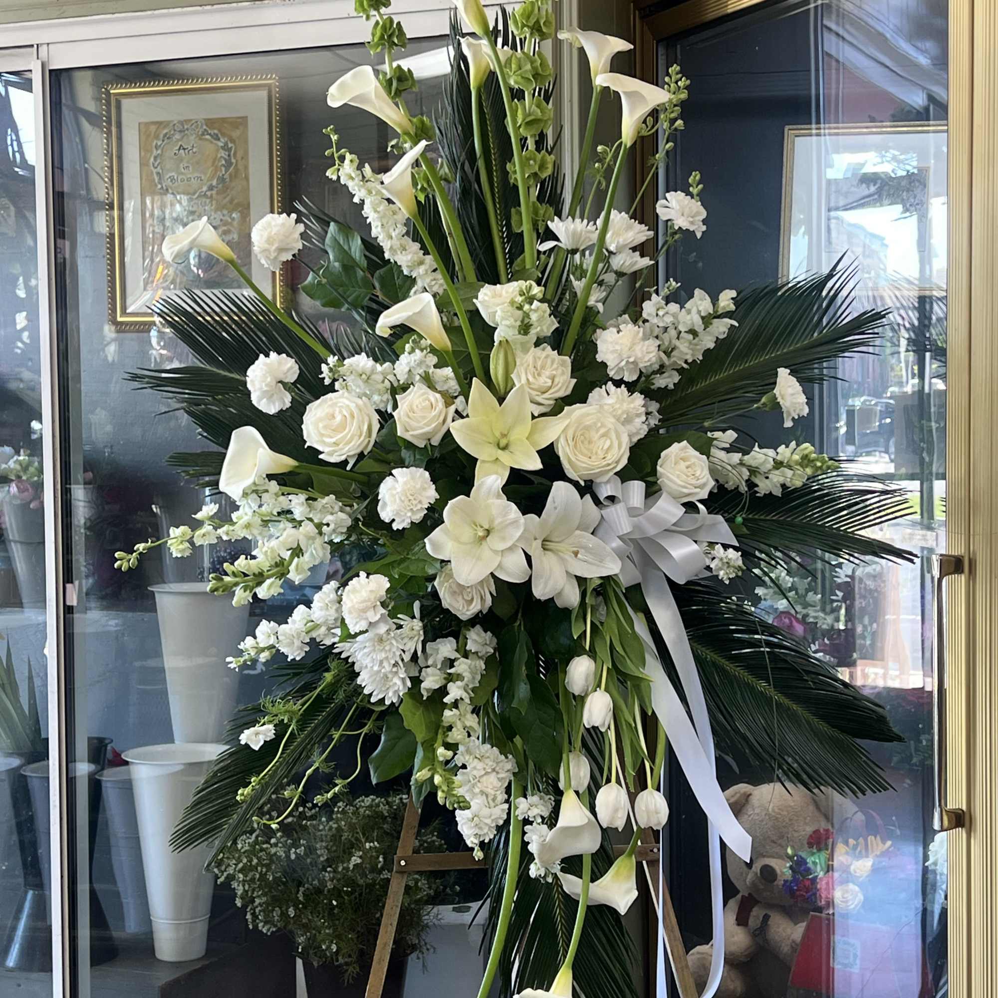 Large standing spray with white flowers for Funeral service, You can add