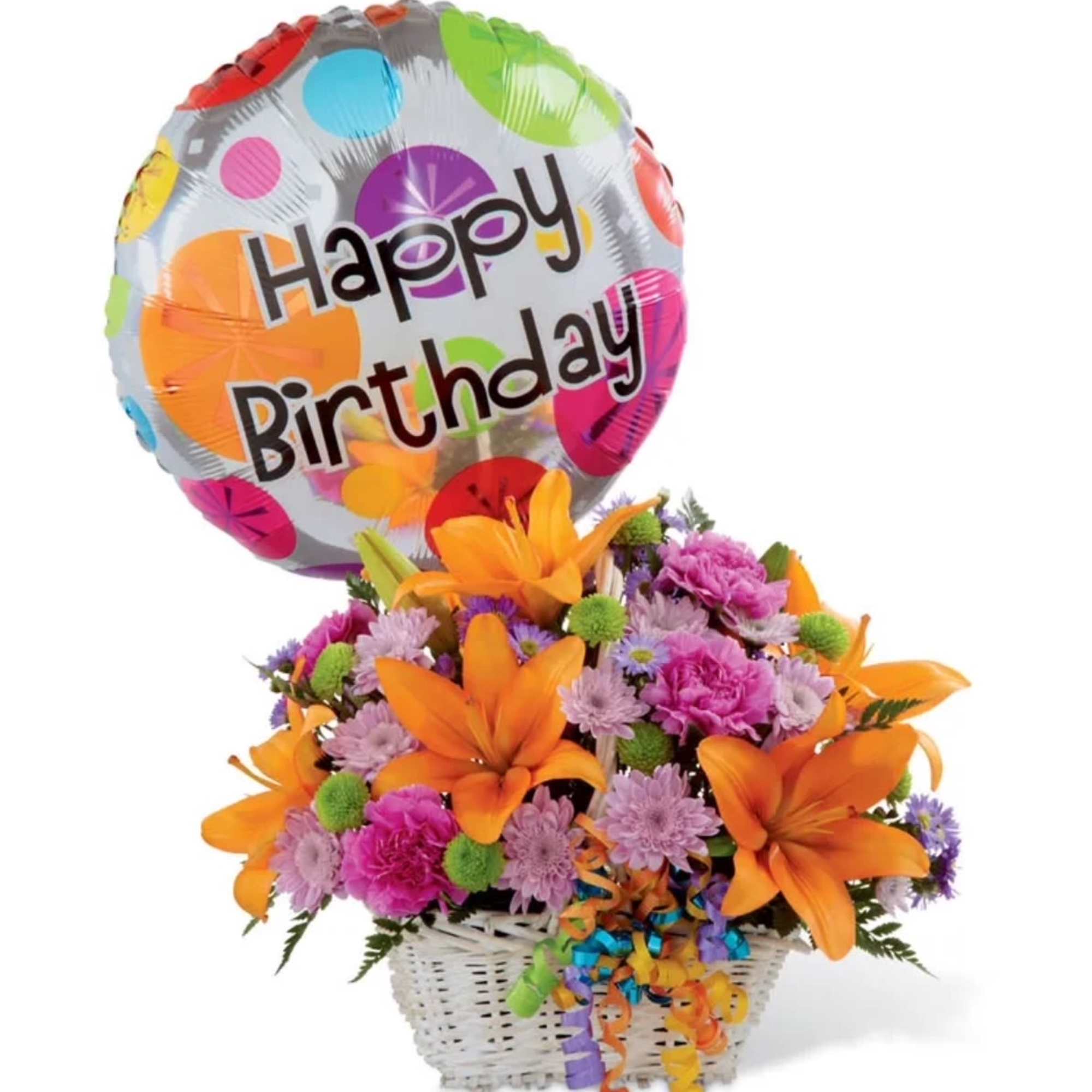 Basket of orange lilies and pink flowers with a colorful Happy Birthday balloon attached