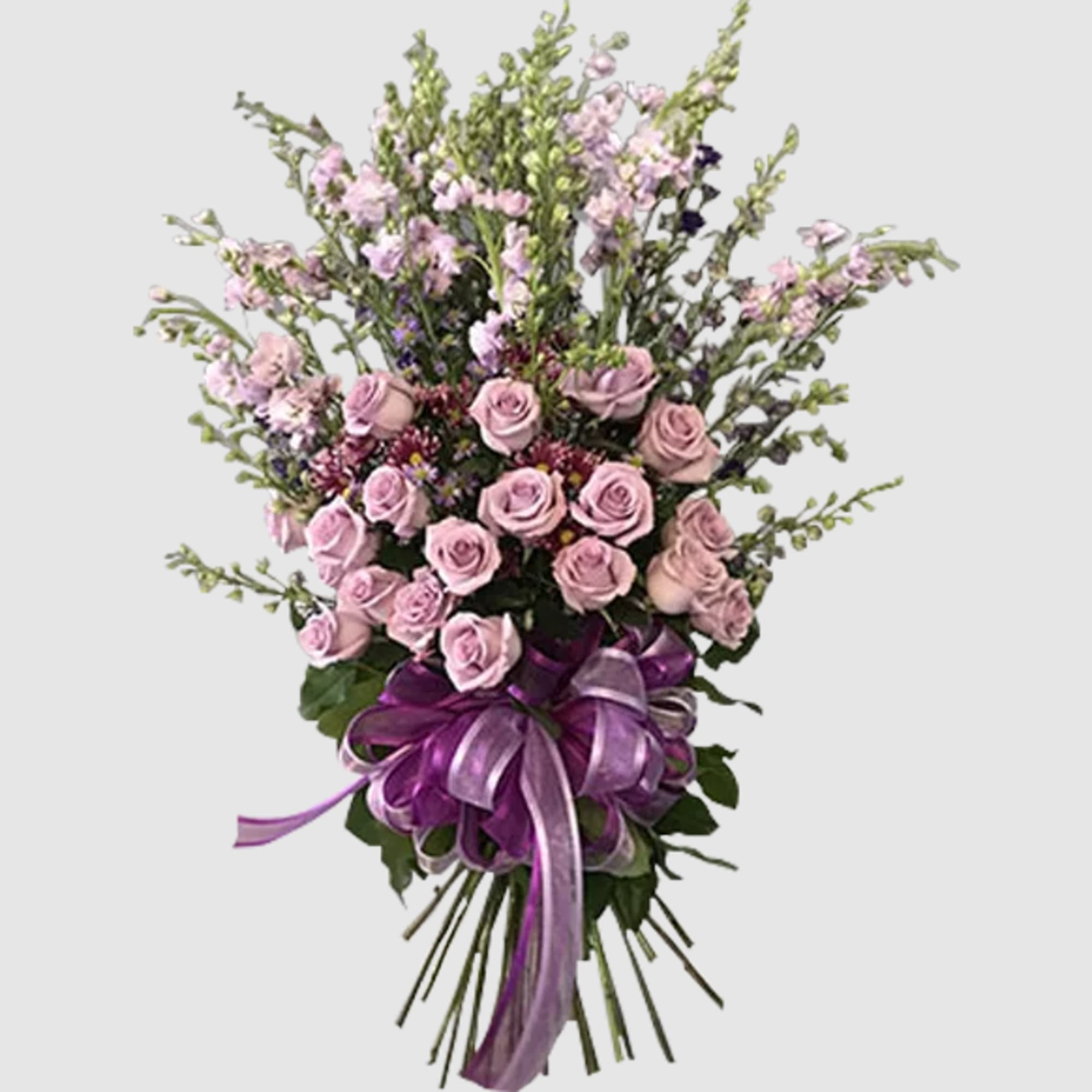 Lavender rose bouquet with purple ribbon bow