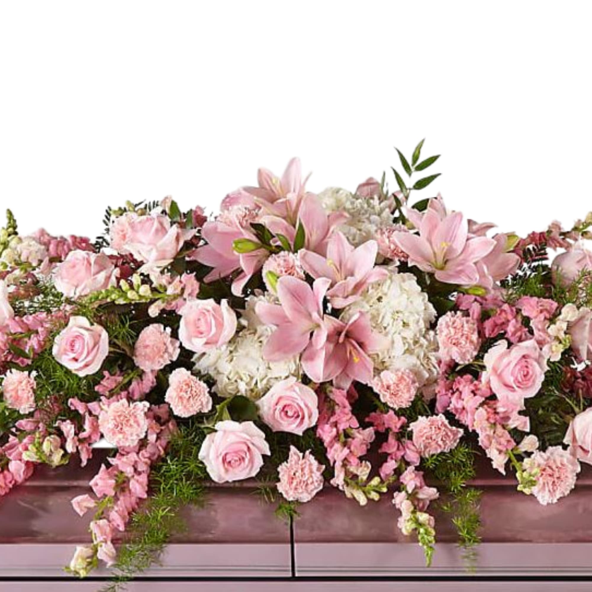 Large pink floral casket spray with roses and lilies