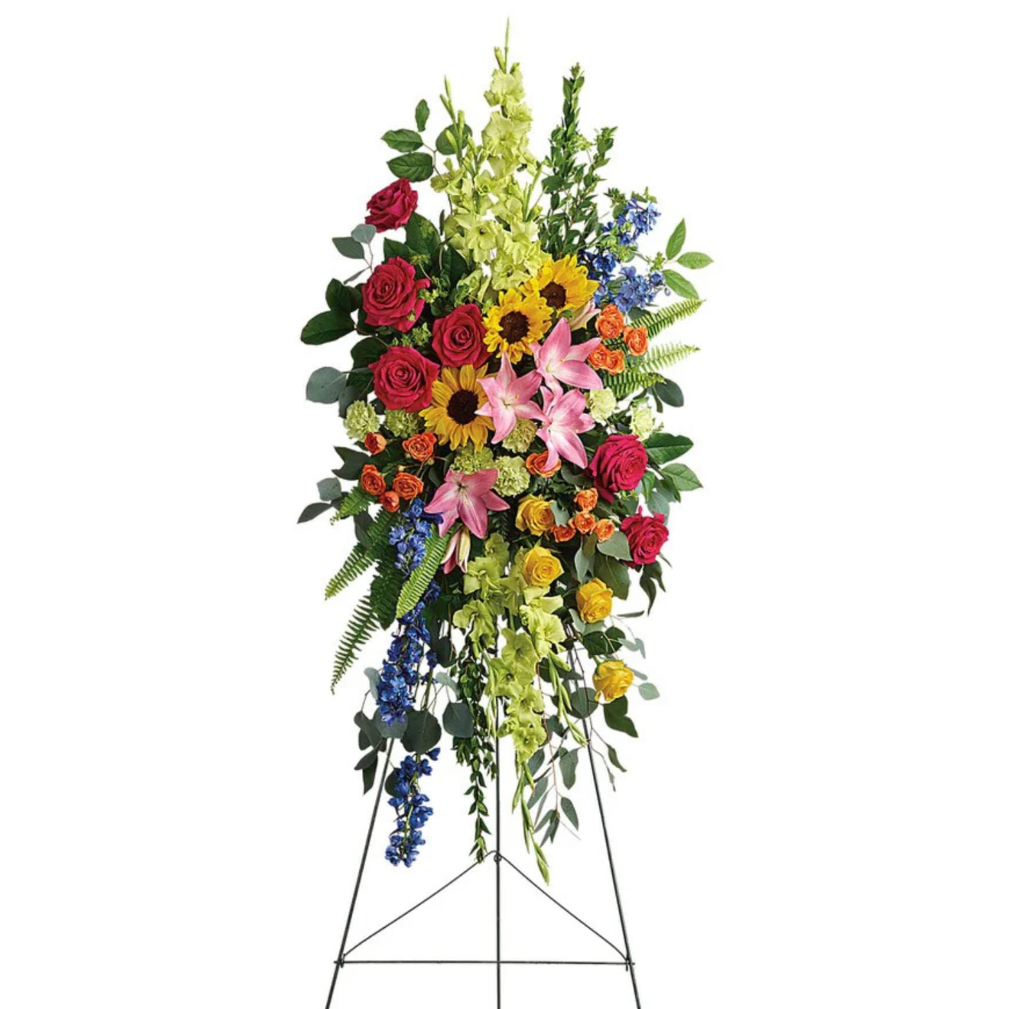 Tall standing floral spray with roses, lilies, sunflowers, and mixed blooms
