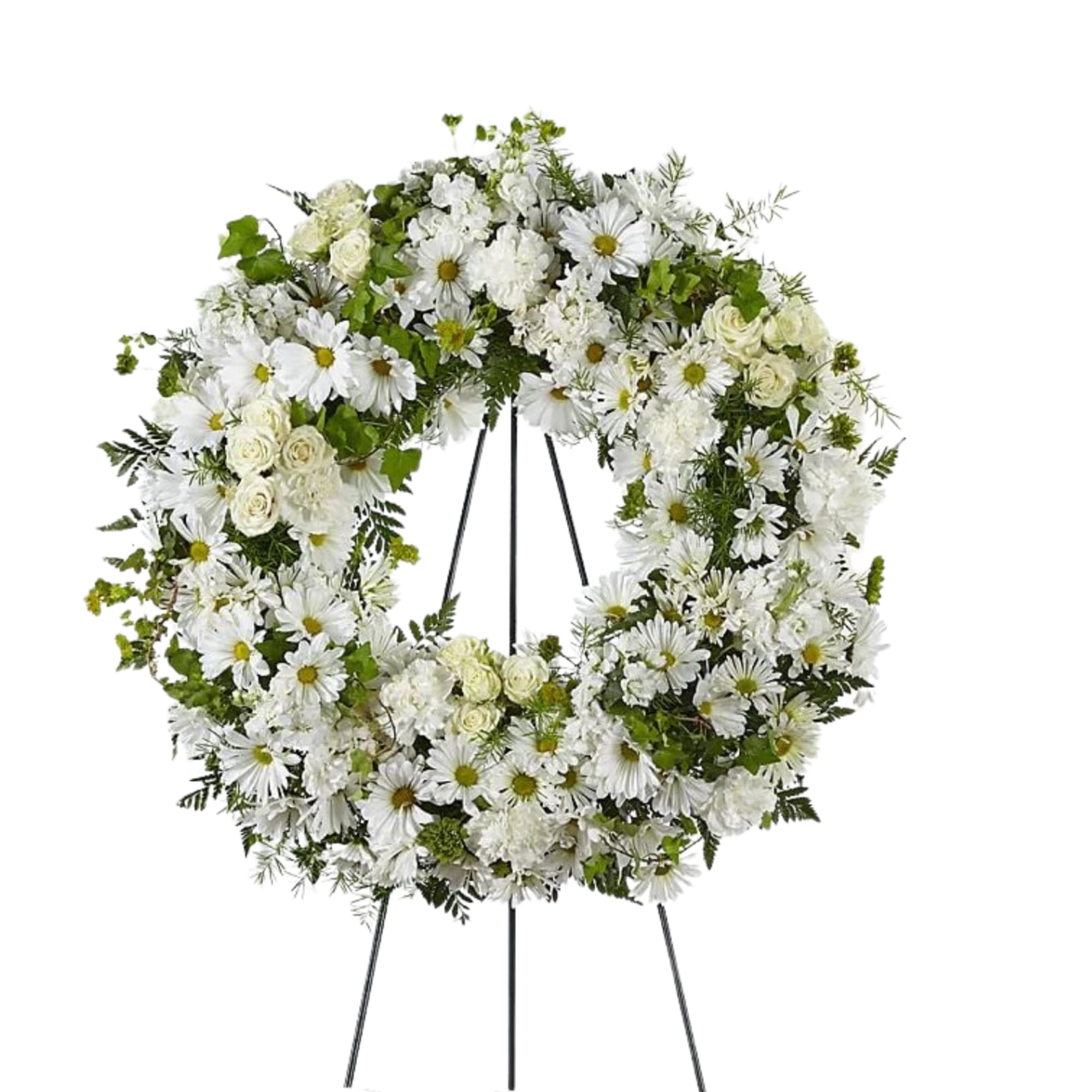 White floral wreath on a standing easel