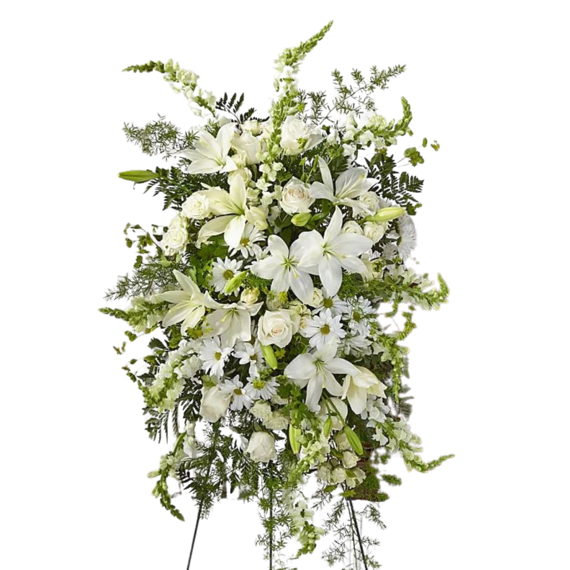 Tall white floral standing spray with lilies, roses, and daisies