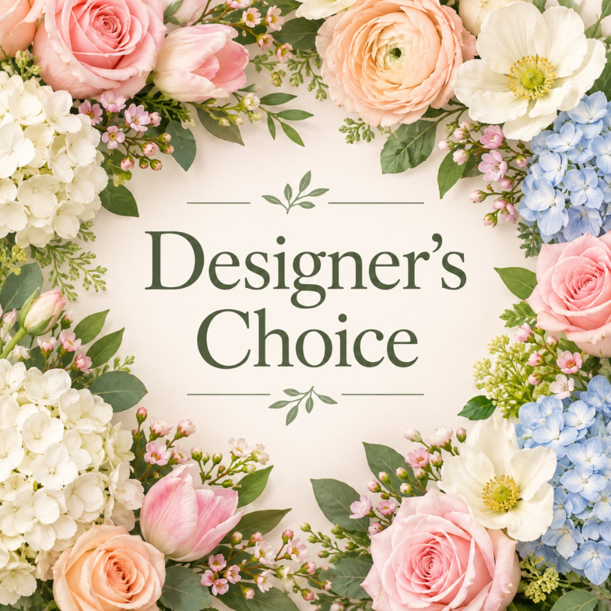 Floral border around the words "Designer’s Choice" with pink, white, blue, and peach blooms