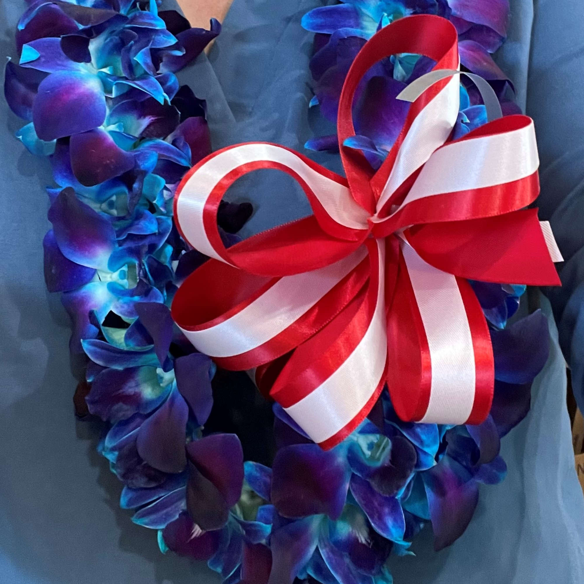Blue and purple floral lei with a red-and-white ribbon bow