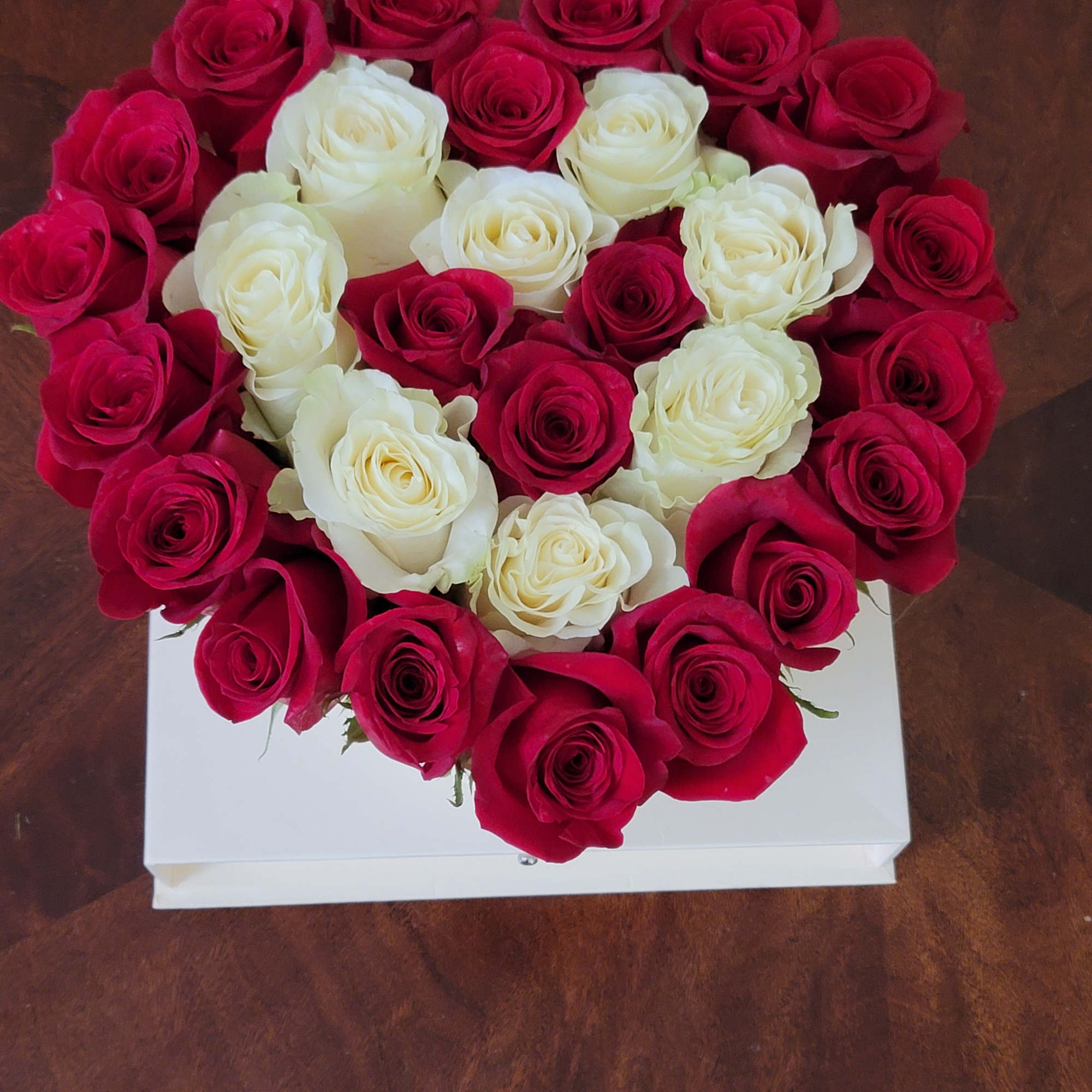 Heart-shaped box of red and white roses, photo 6 of 6