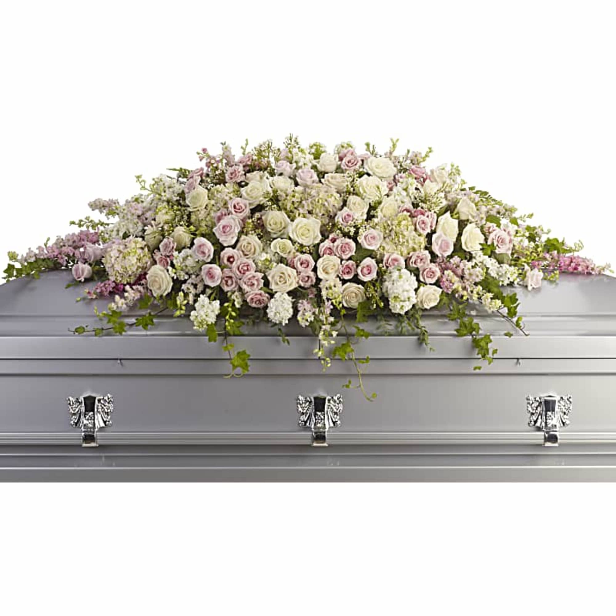 Pastel rose casket spray on a silver casket