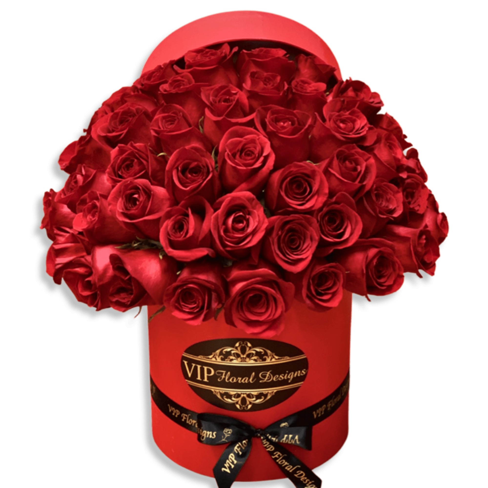 Red roses arranged in a red hatbox with a ribbon