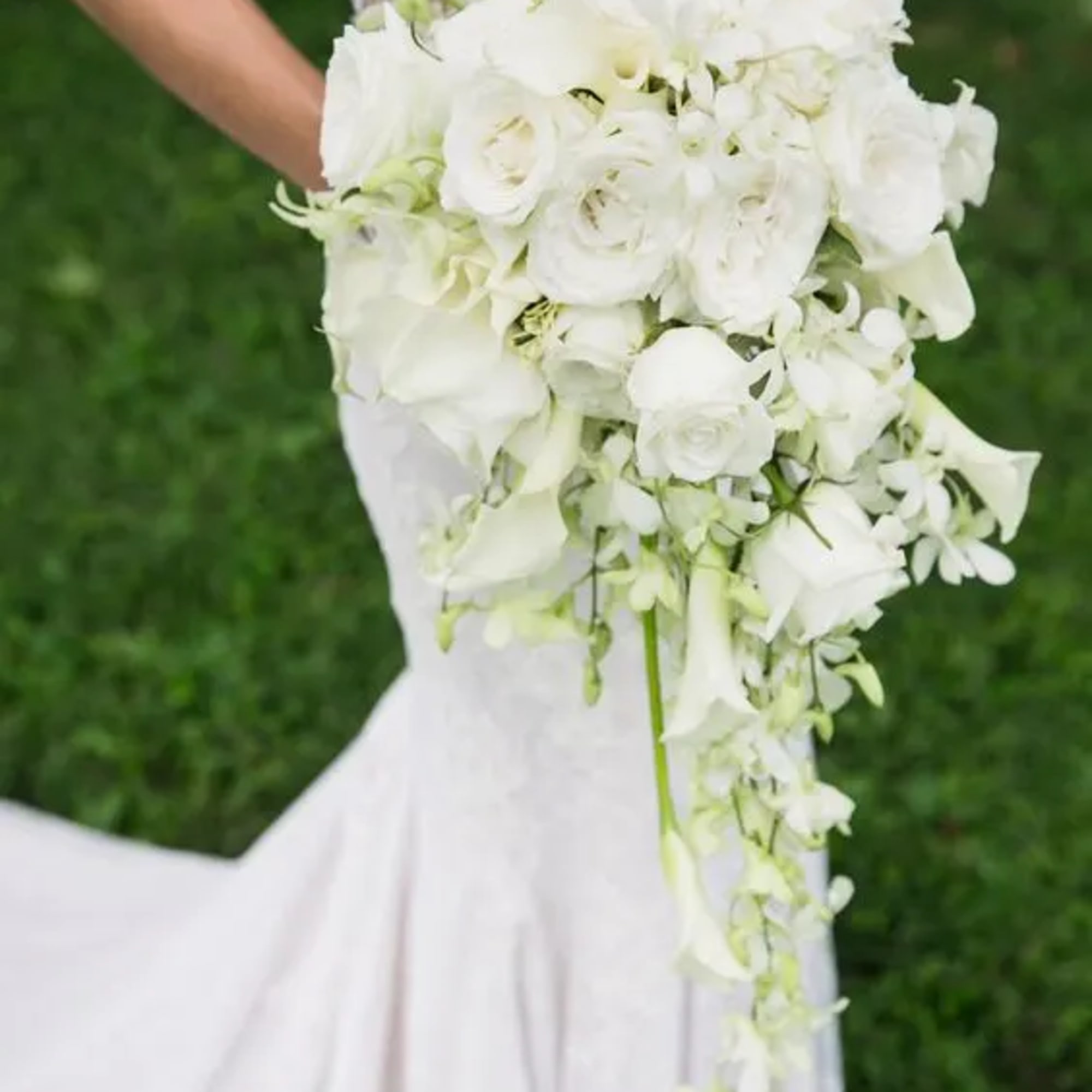 Bride holding a cascading white bouquet with roses and orchids