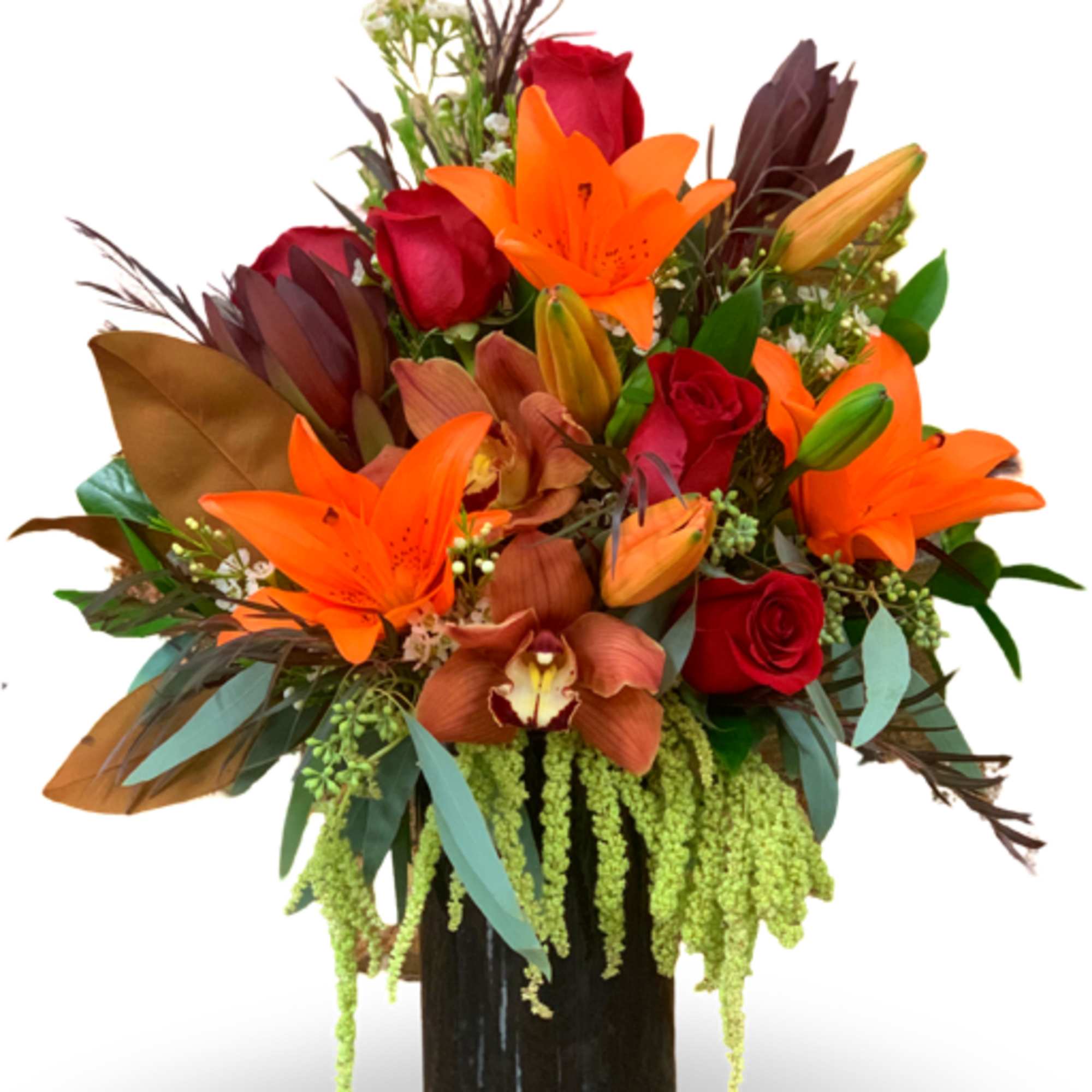 Celebrate autumn&rsquo;s elegance with vibrant orange lilies, brown cymbidium orchids, red roses
