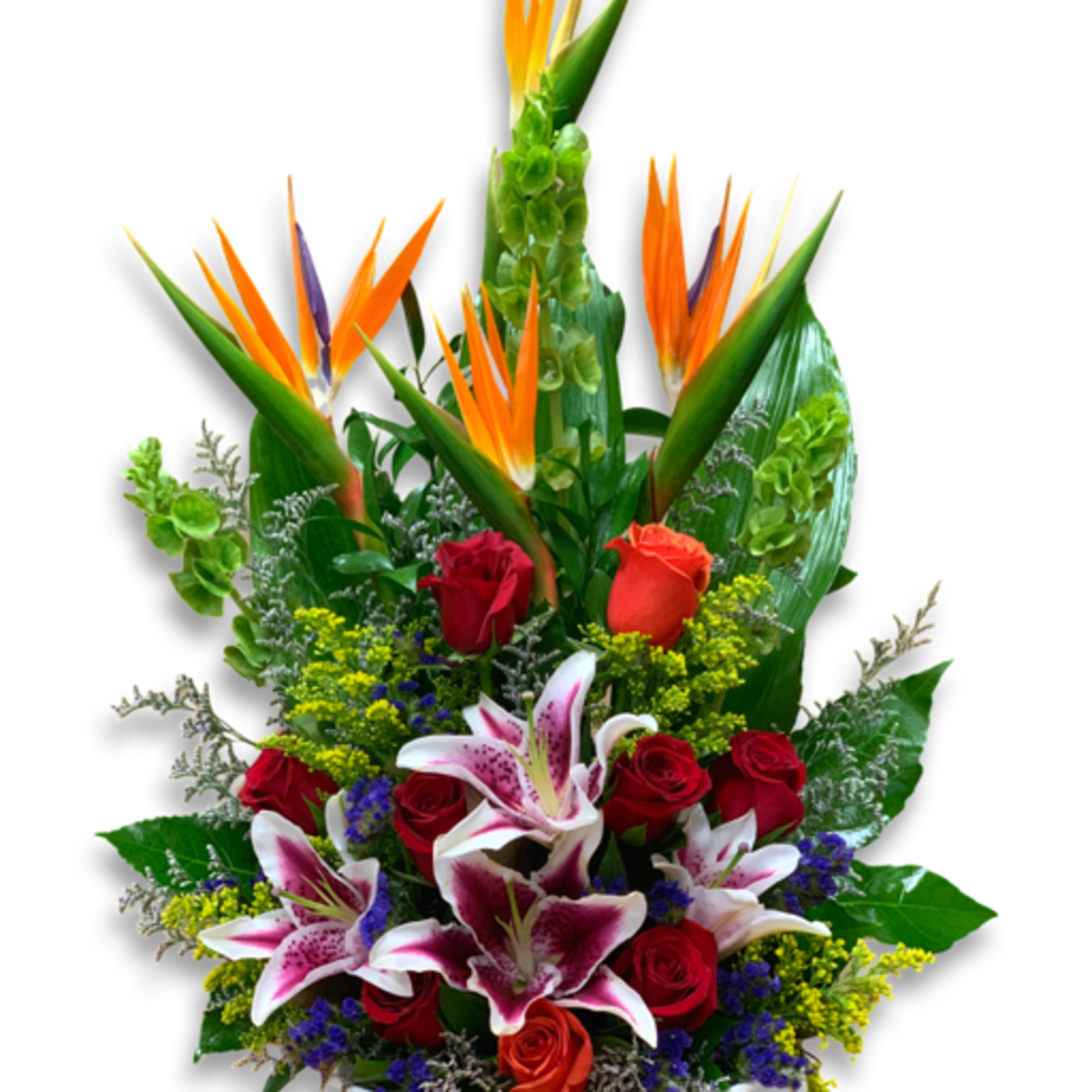 Bird of paradise, red roses, purple orchids. 