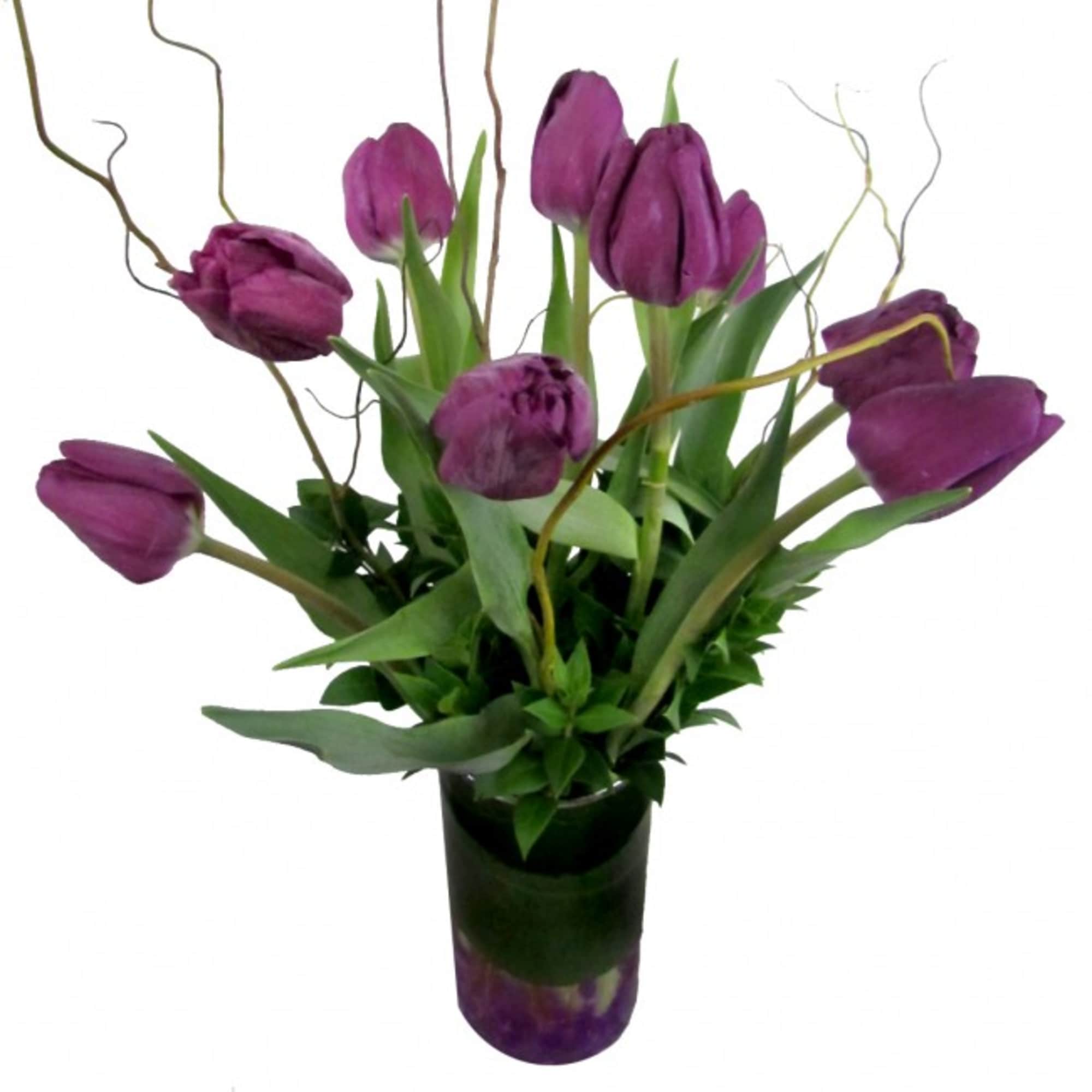 Purple tulips in a dark glass vase