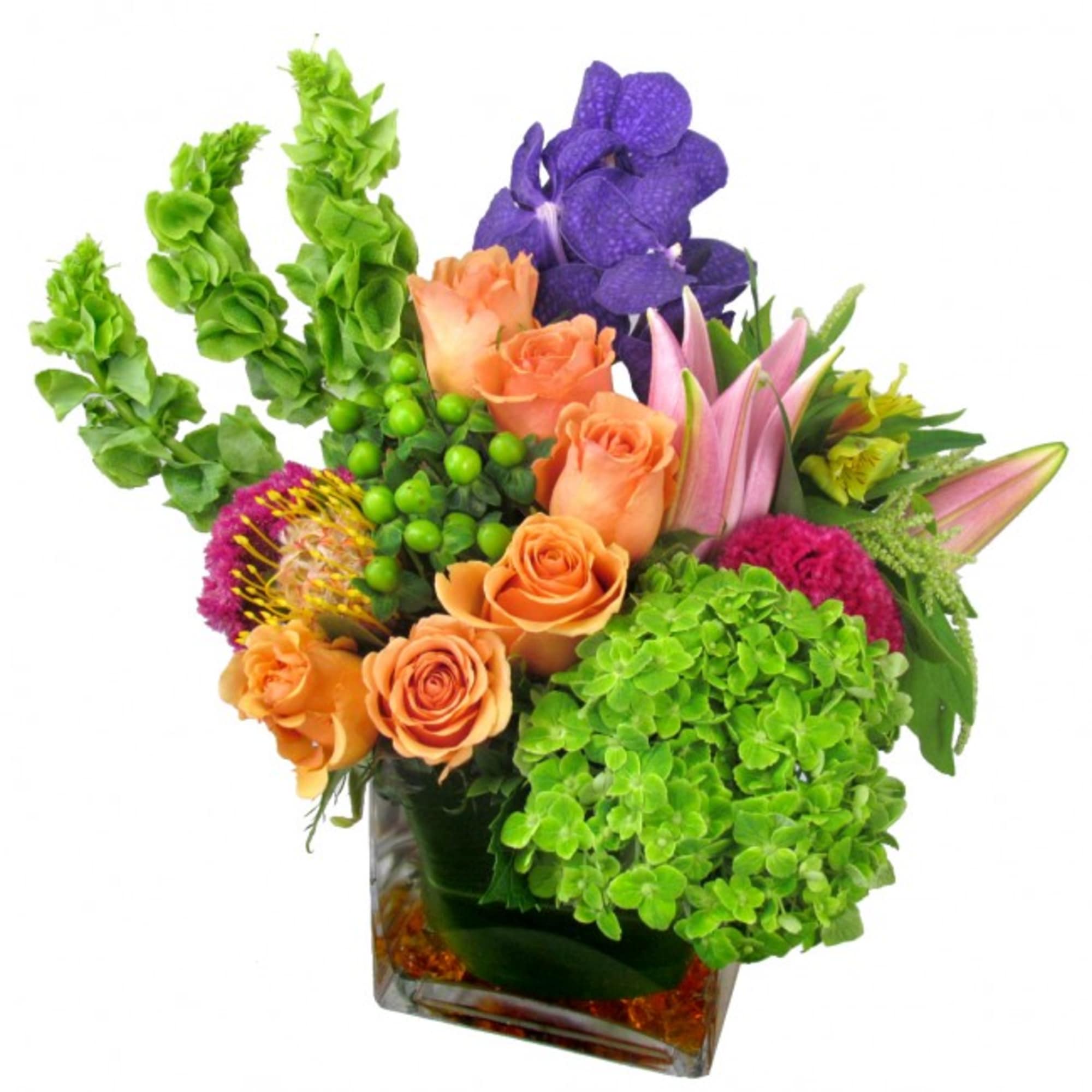 Colorful bouquet with orange roses, purple orchids, and green hydrangeas in a glass vase