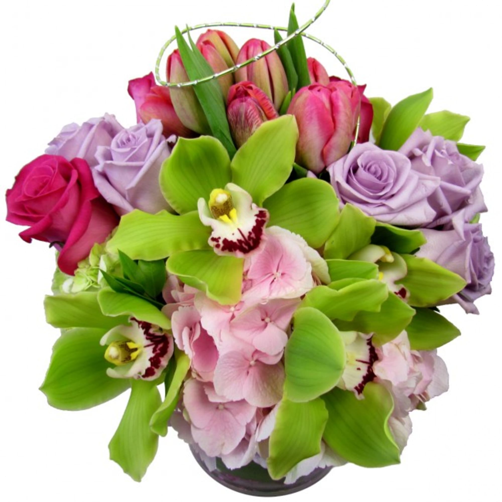 Bouquet of pink and lavender roses with orchids in a glass vase