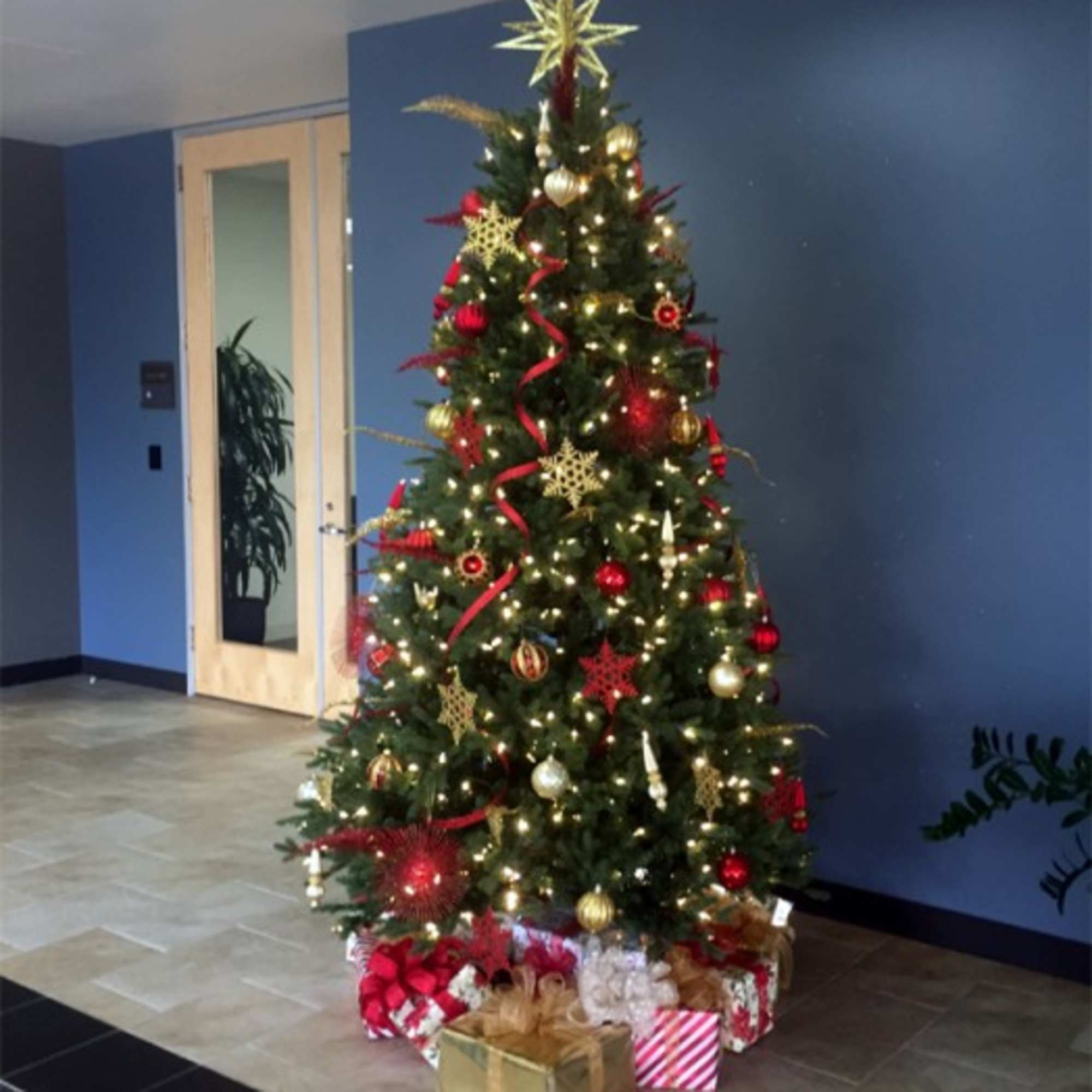 Decorated Christmas tree with lights, red ribbons, ornaments, and wrapped gifts