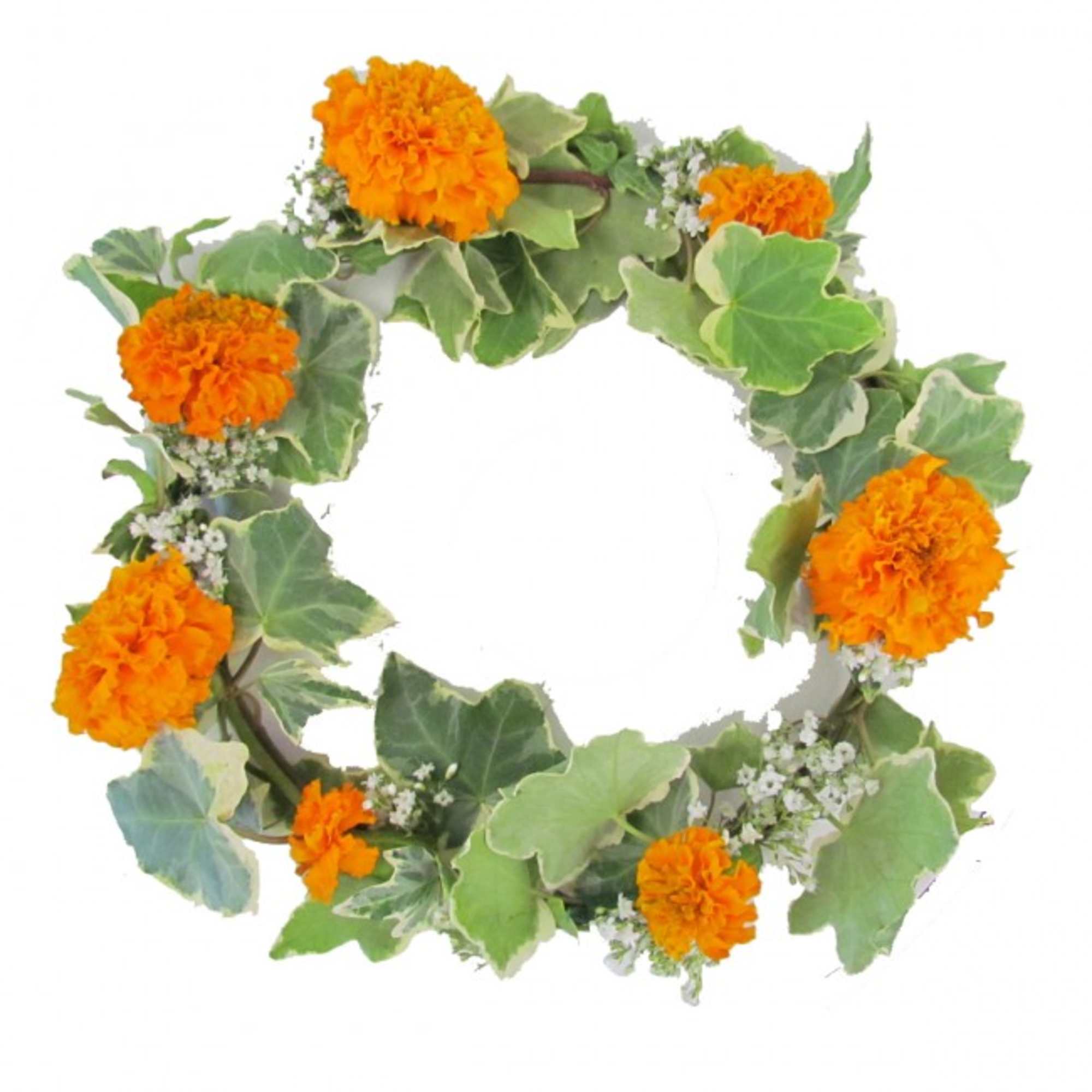 Orange marigold wreath with variegated green leaves