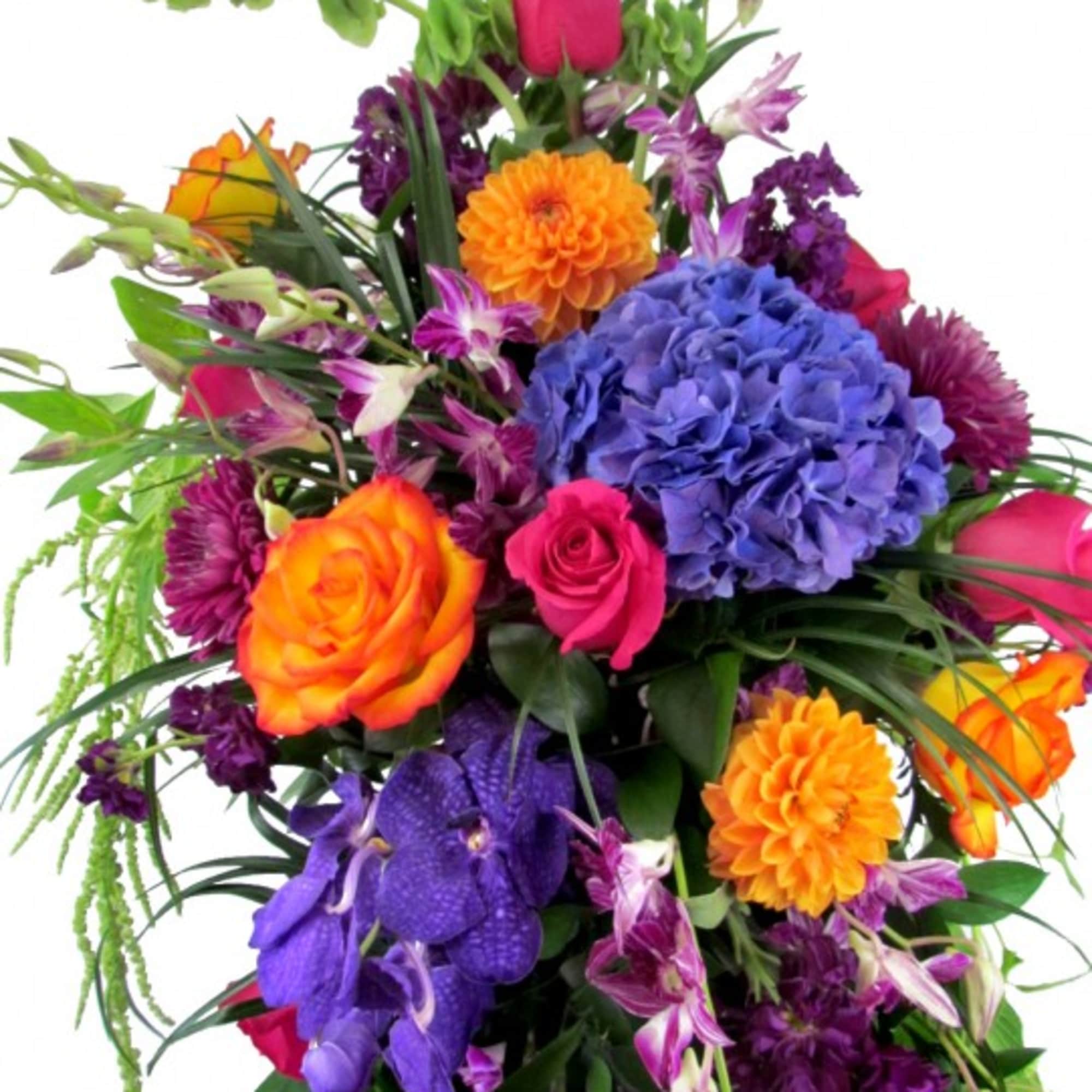 Colorful bouquet with roses, hydrangea, orchids, and dahlias
