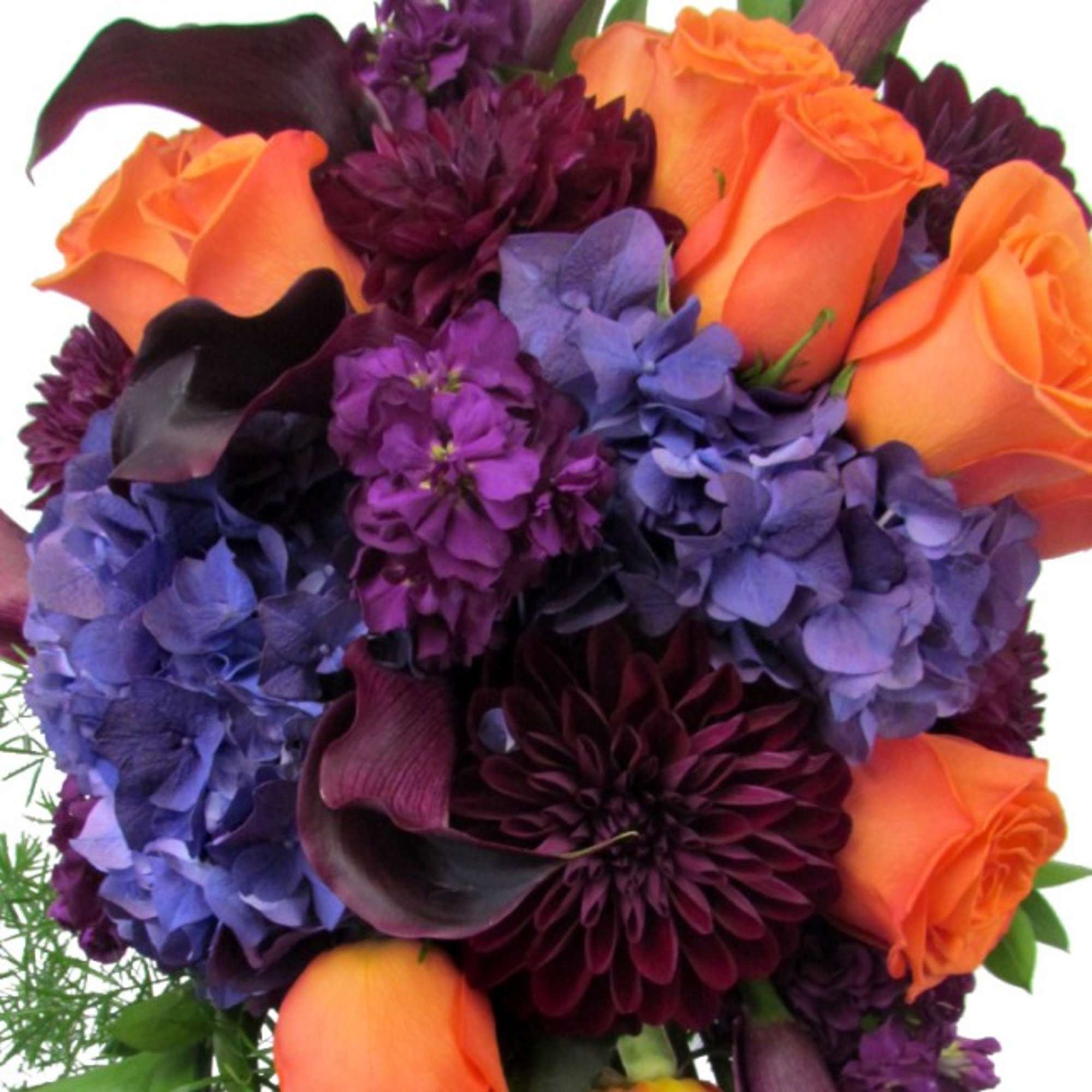 Bouquet of orange roses, purple hydrangeas, and dark plum flowers